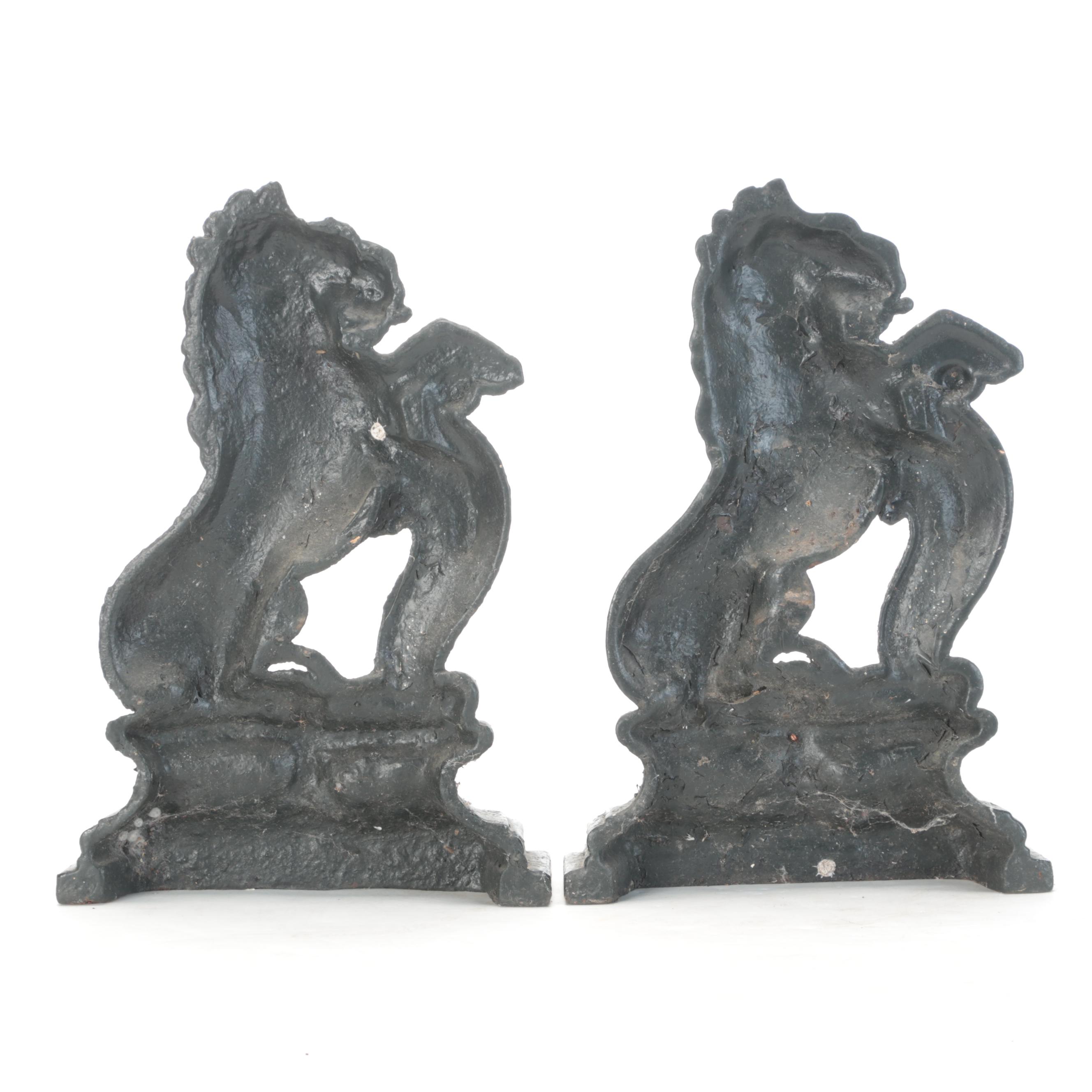 Georgian Style Heraldic Lion Painted Cast Iron Fire Dogs, Late 19th Century