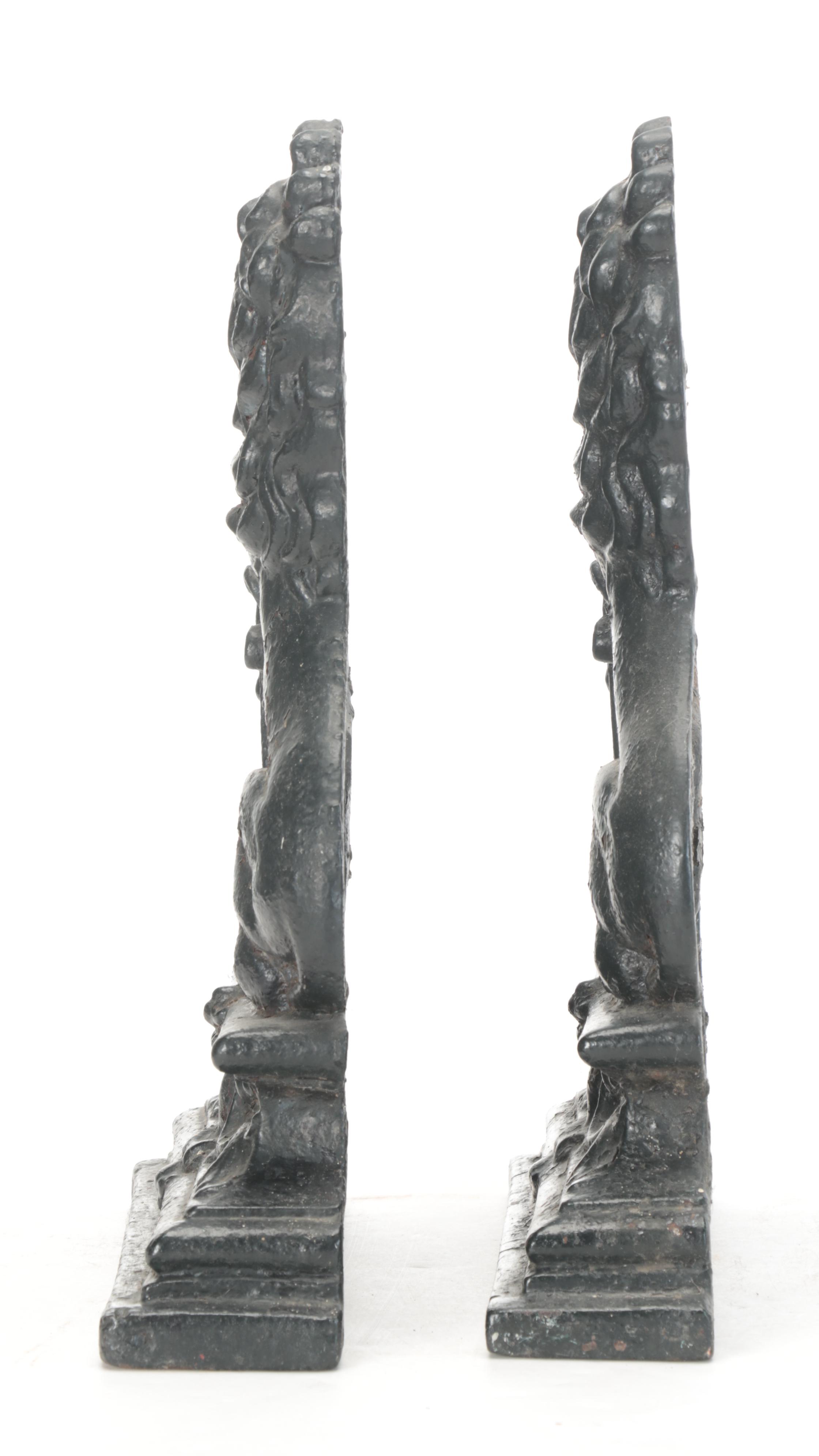 Georgian Style Heraldic Lion Painted Cast Iron Fire Dogs, Late 19th Century