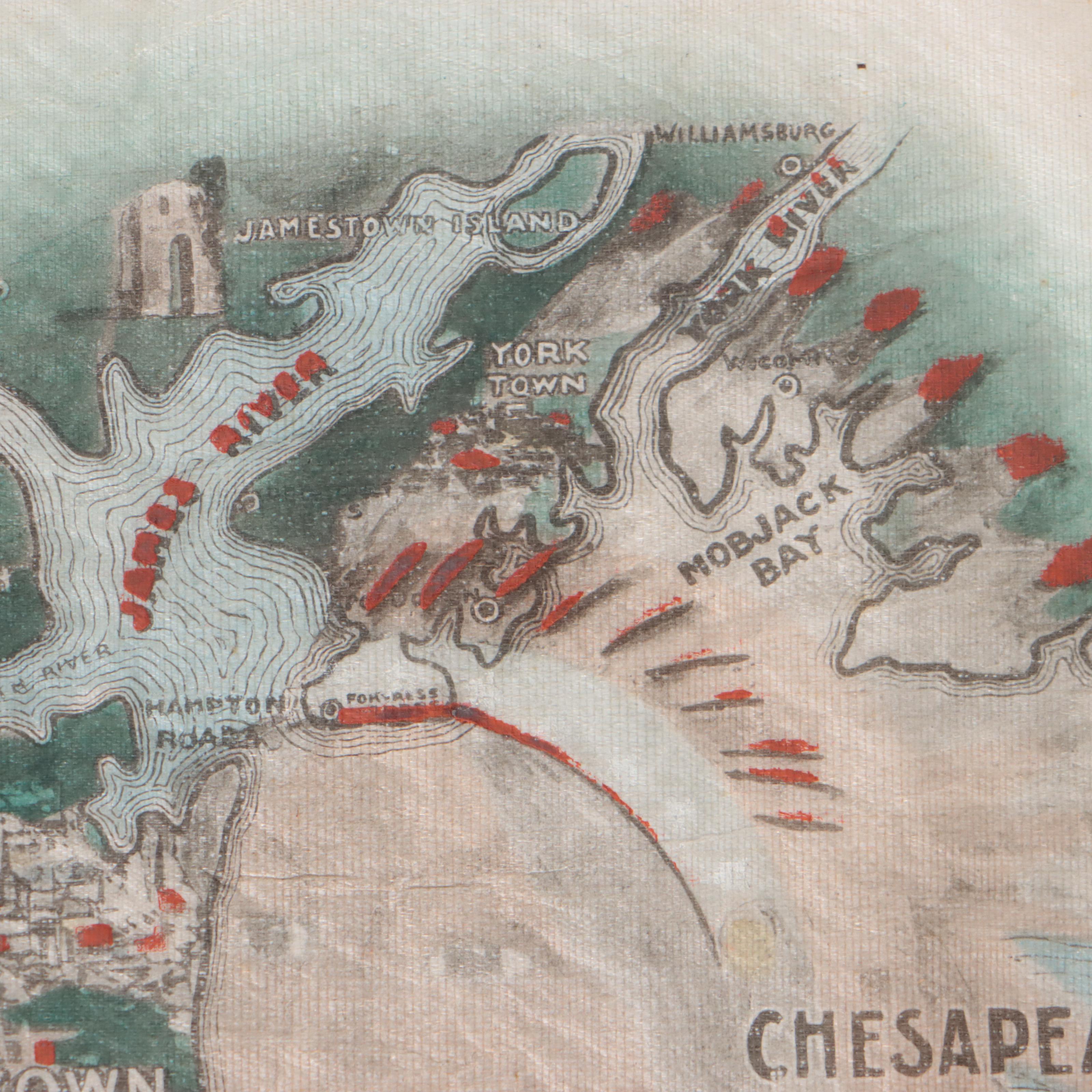 Jamestown Expedition Hand-Colored Lithograph Map of Chesapeake Bay
