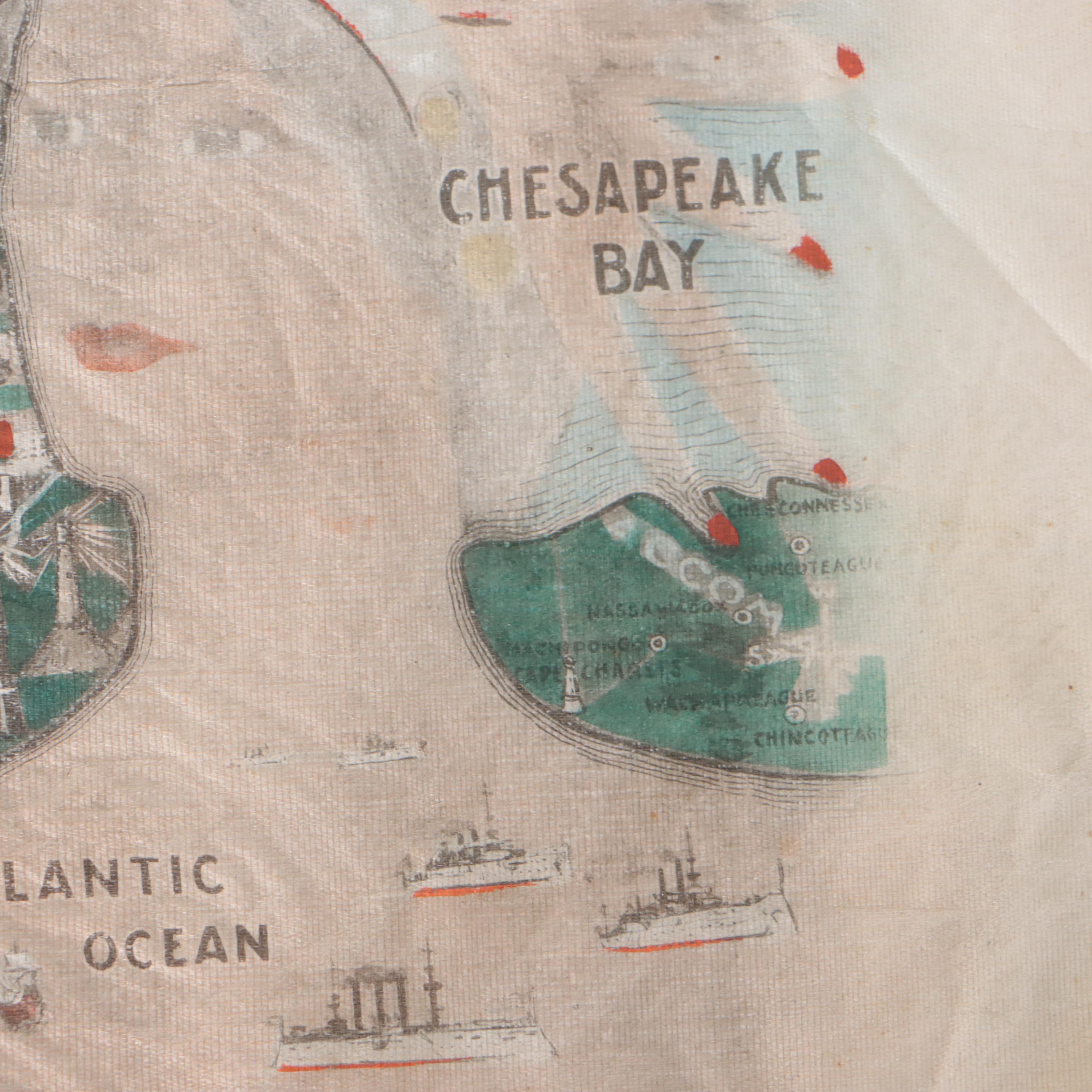 Jamestown Expedition Hand-Colored Lithograph Map of Chesapeake Bay