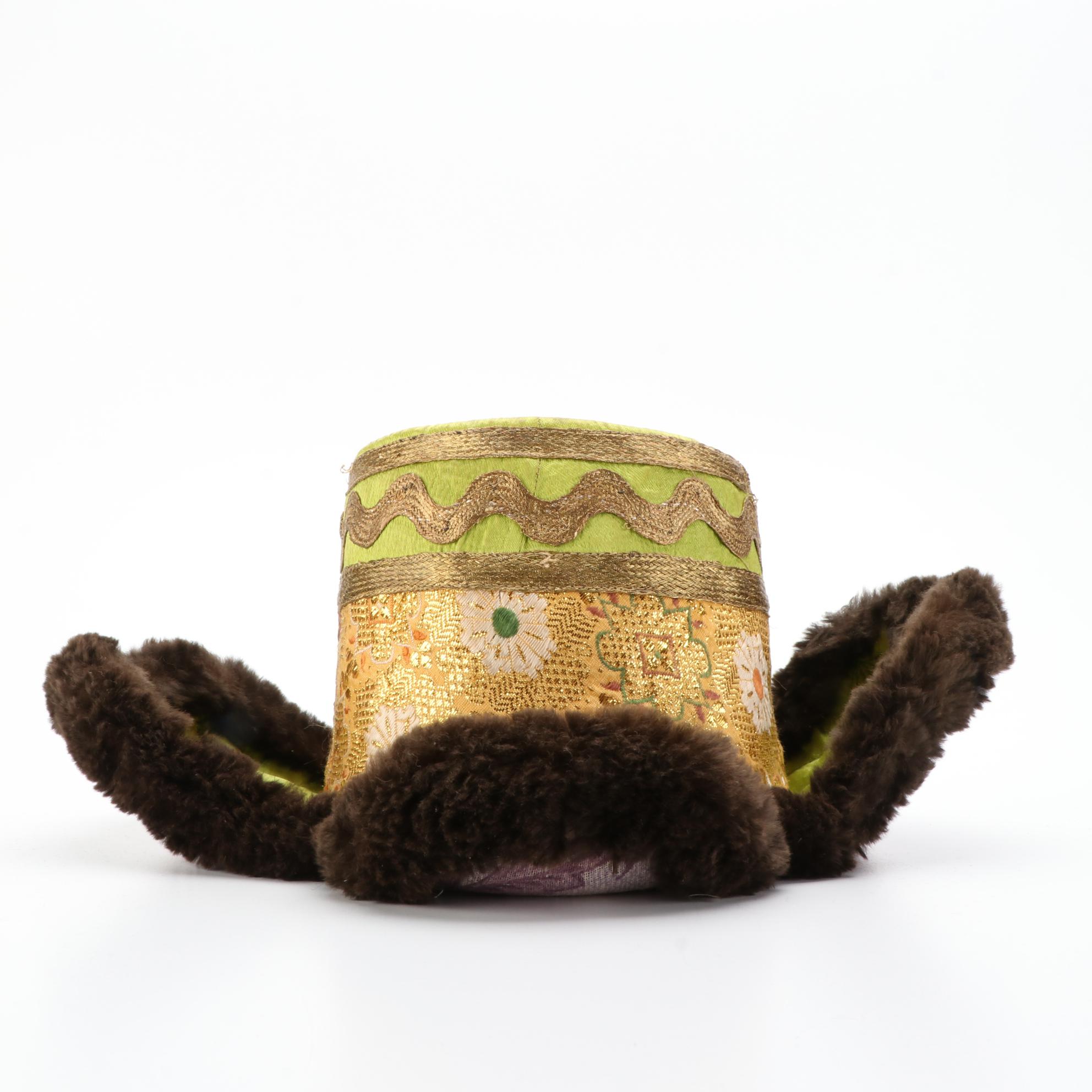 Tibetan Brocade Xamo Gyaise Hat with Yak Fur Trim
