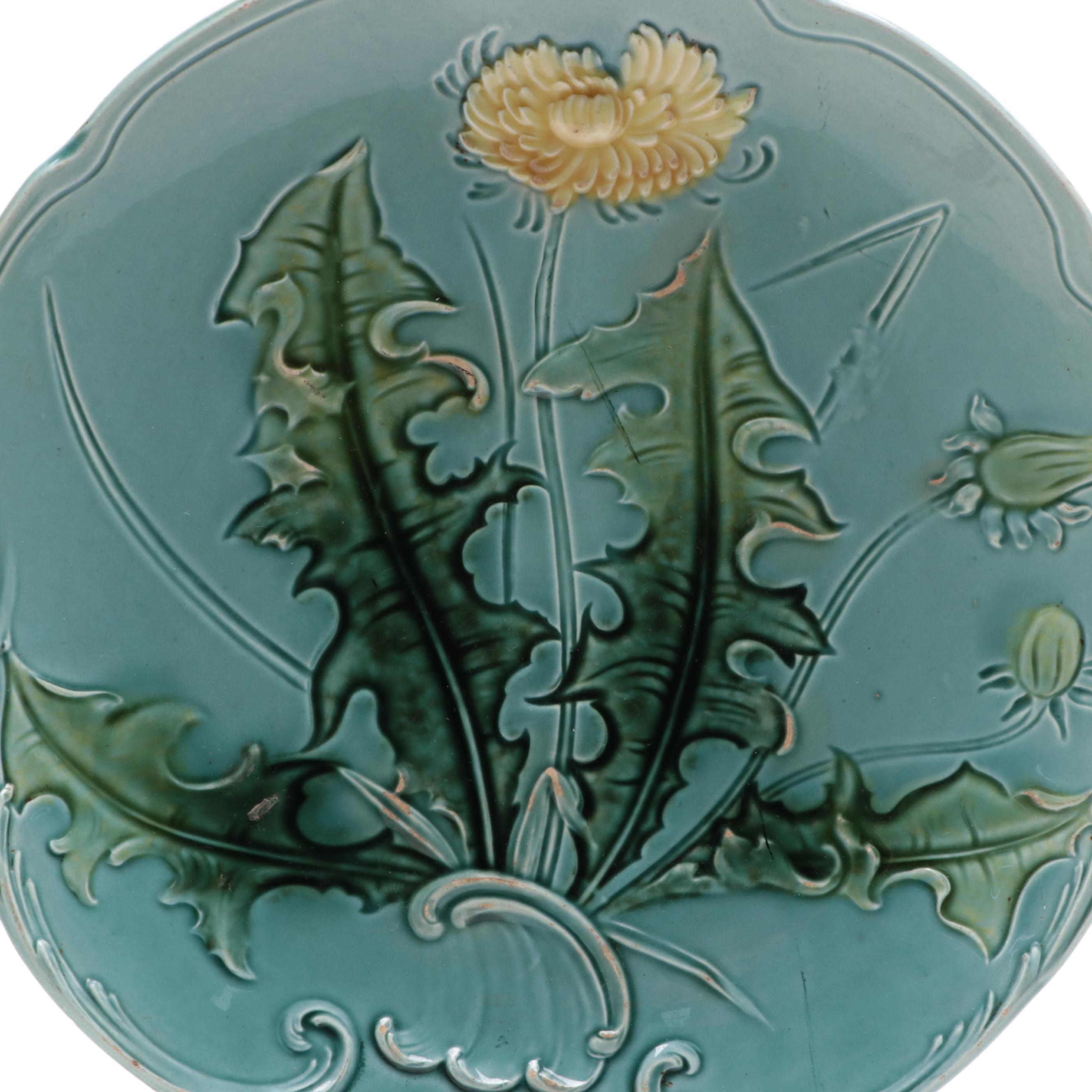 Zell German Majolica Dandelion Plate, Late 19th to Early 20th Century