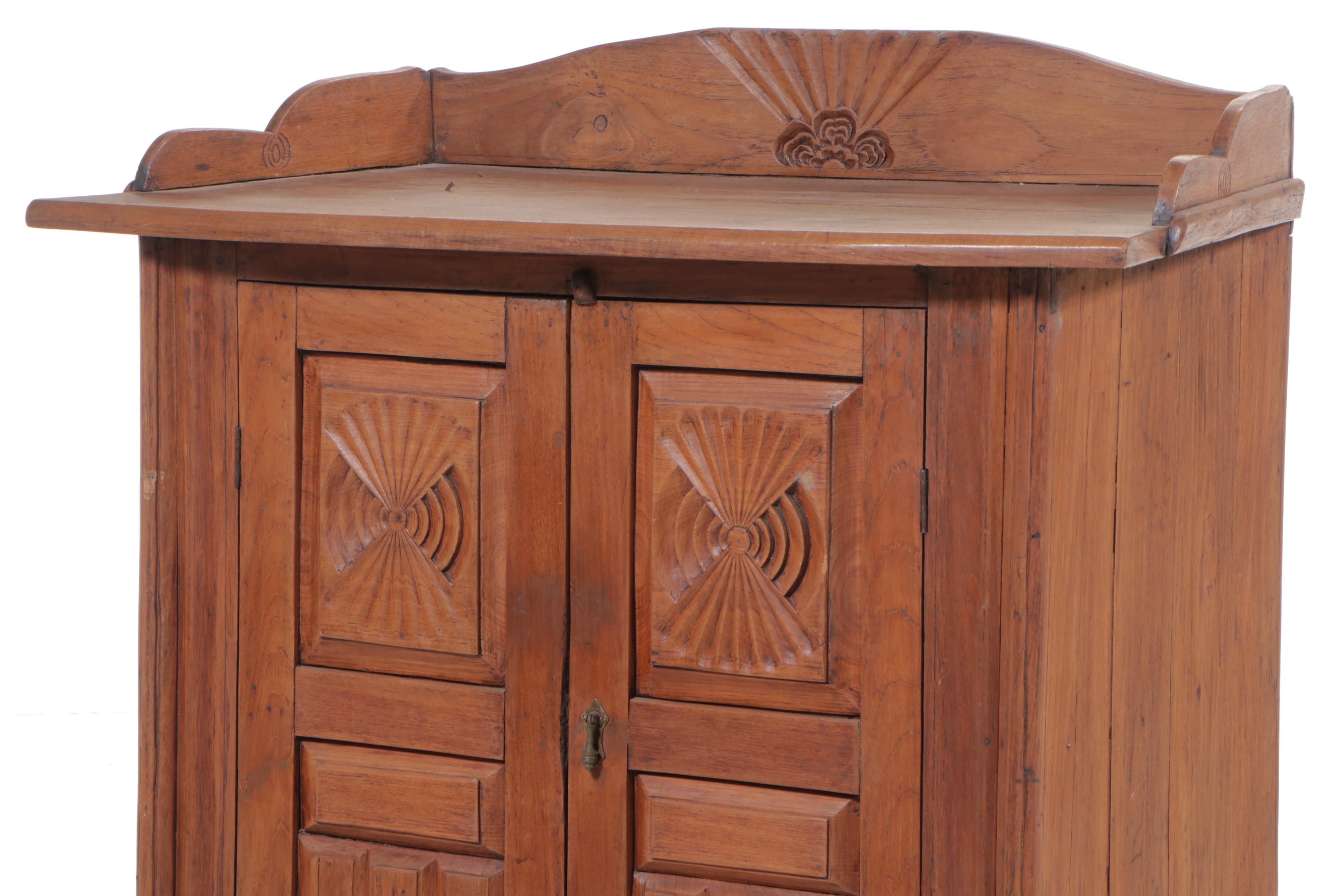 Burmese Art Deco Carved Teak Side Cabinet, Early 20th Century