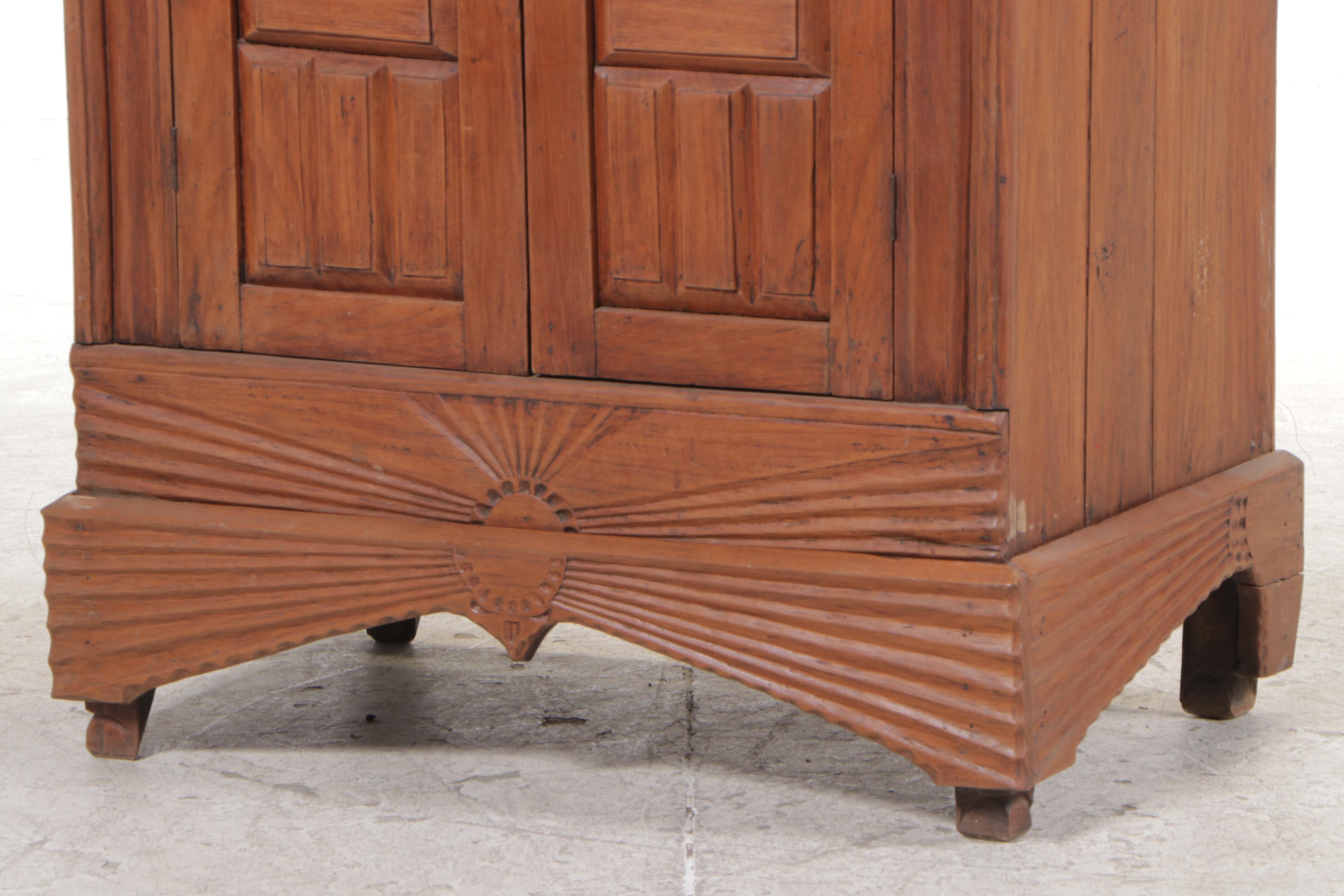 Burmese Art Deco Carved Teak Side Cabinet, Early 20th Century