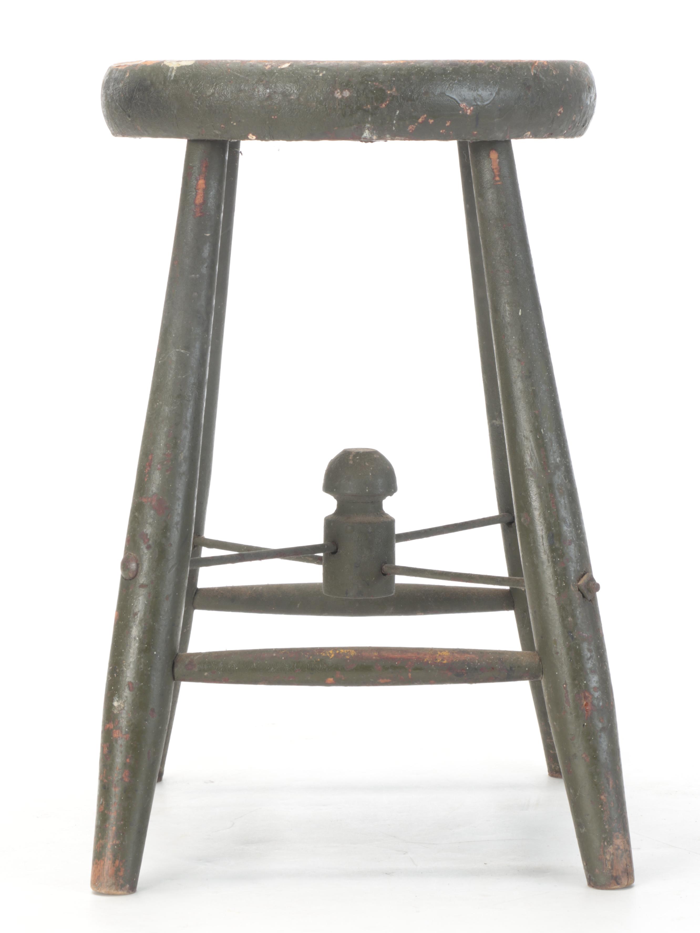 Pine and Cast Iron Shoe Shine Stands with Painted Wood Stool