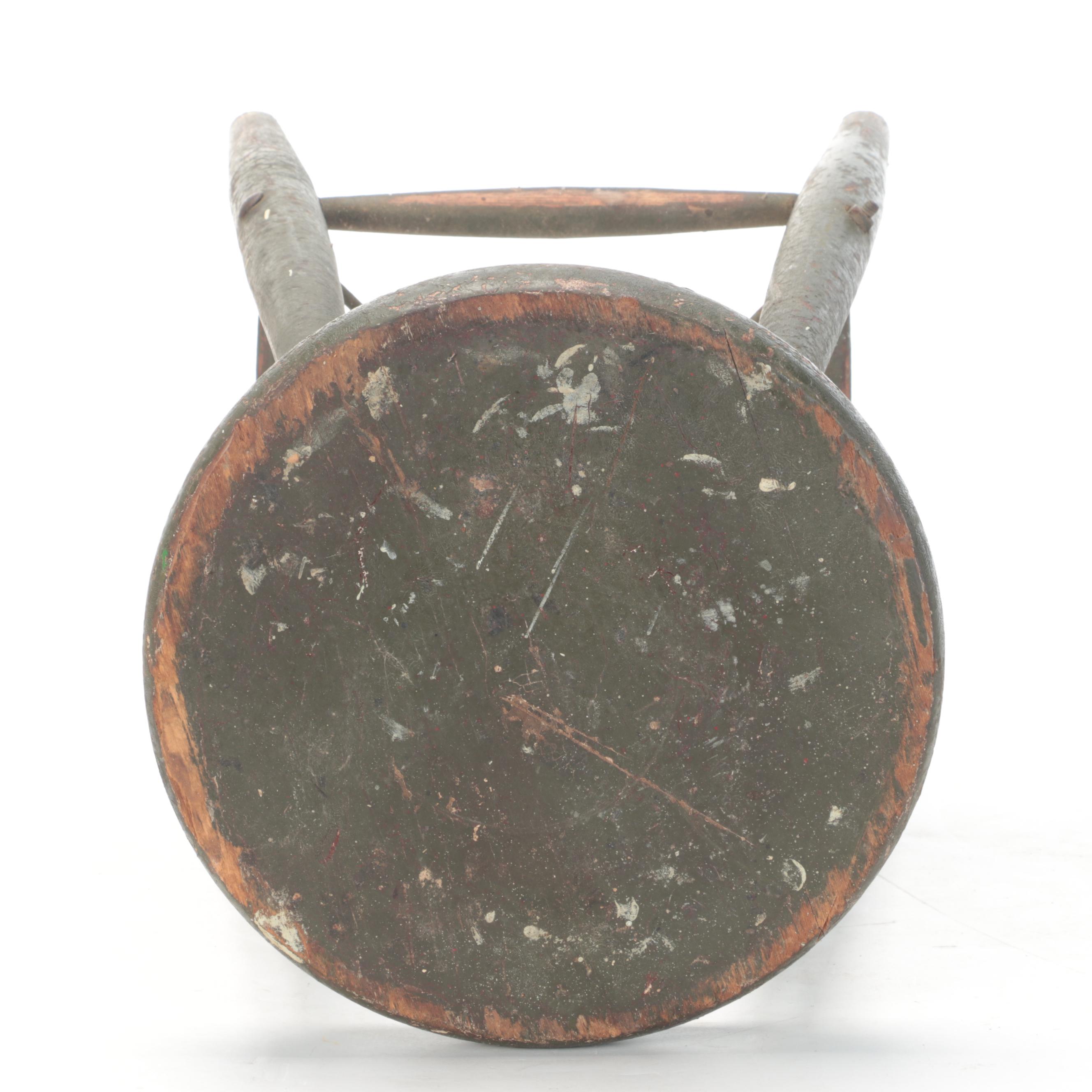 Pine and Cast Iron Shoe Shine Stands with Painted Wood Stool