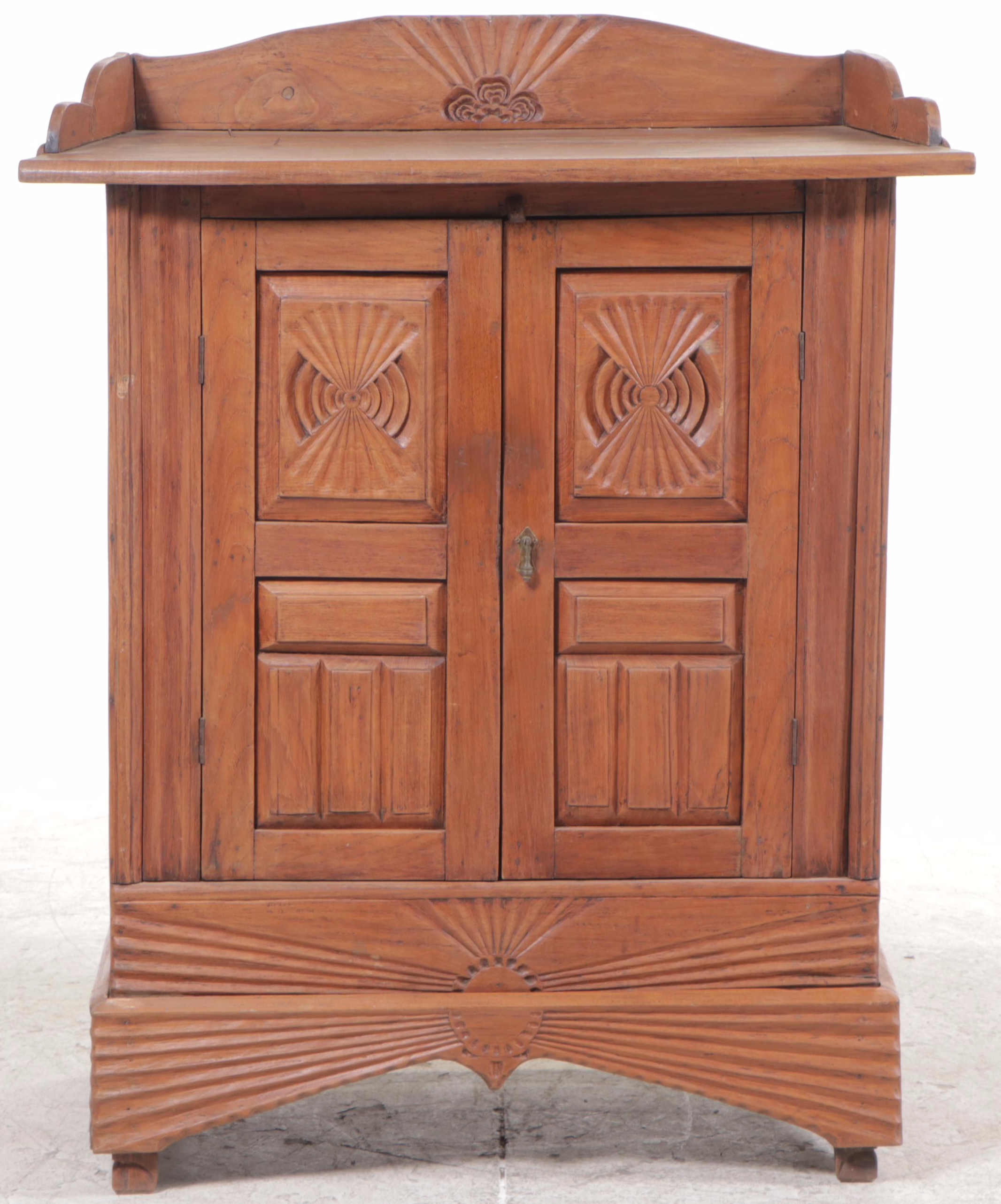 Burmese Art Deco Carved Teak Side Cabinet, Early 20th Century