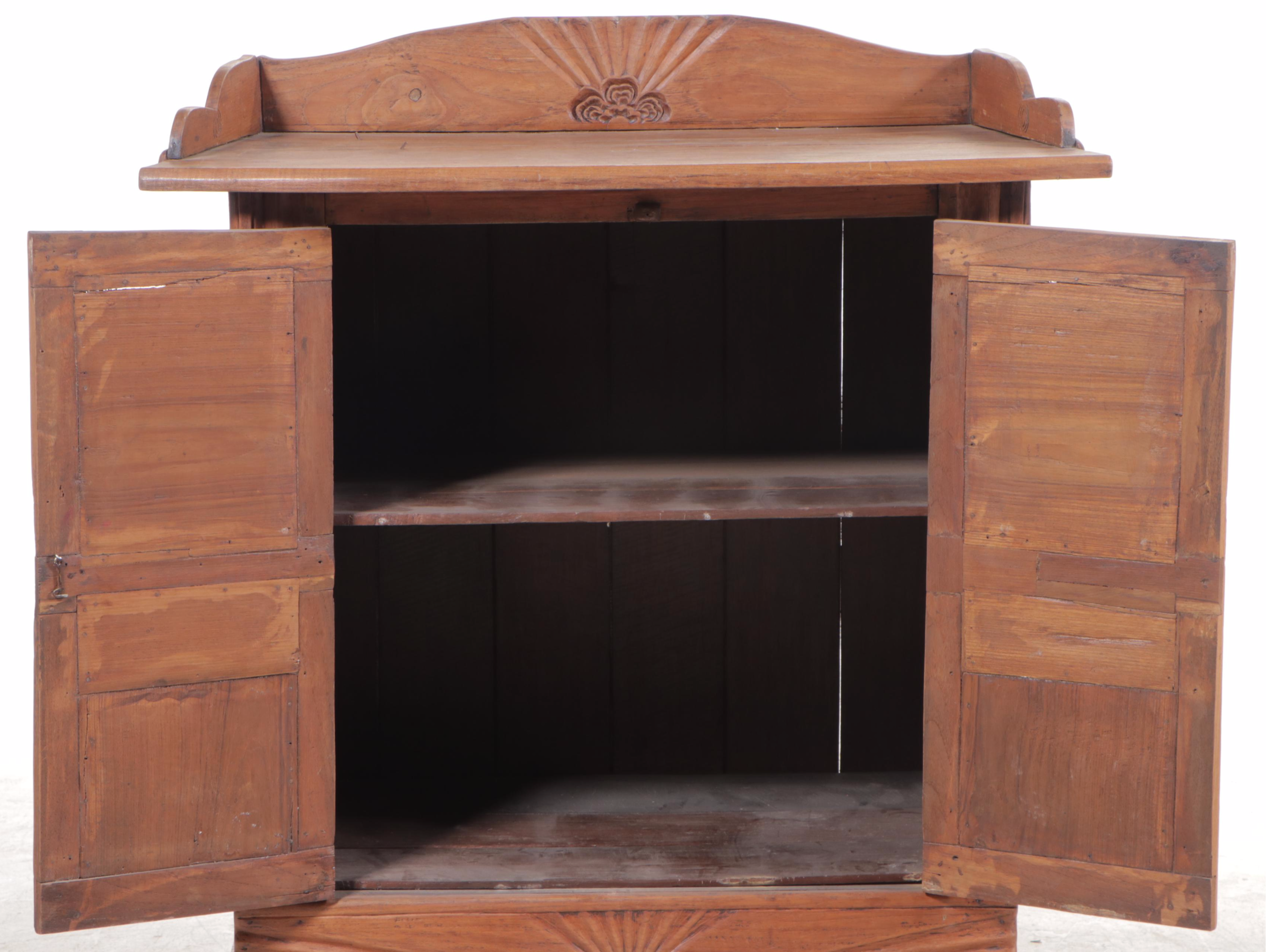 Burmese Art Deco Carved Teak Side Cabinet, Early 20th Century