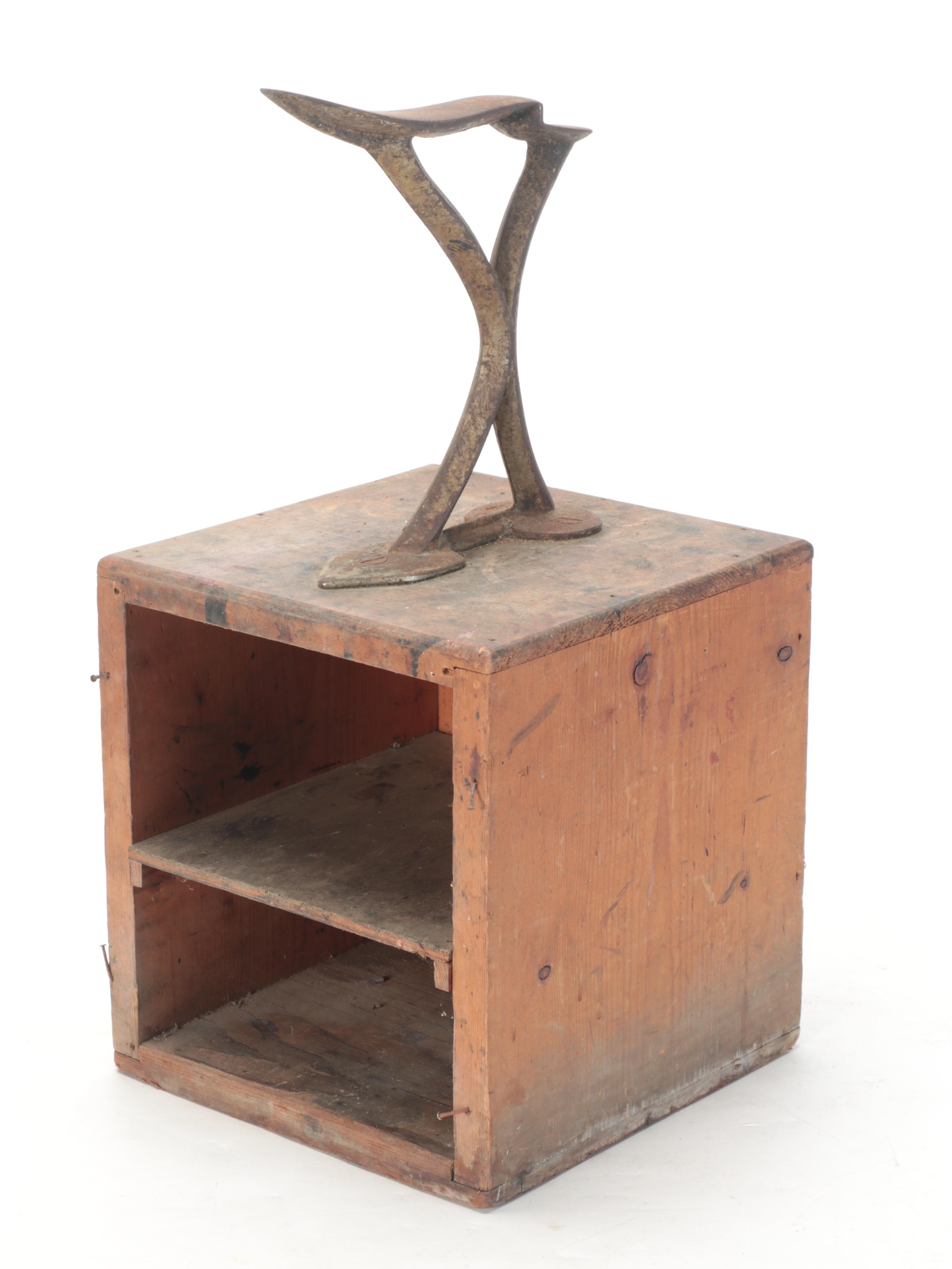 Pine and Cast Iron Shoe Shine Stands with Painted Wood Stool
