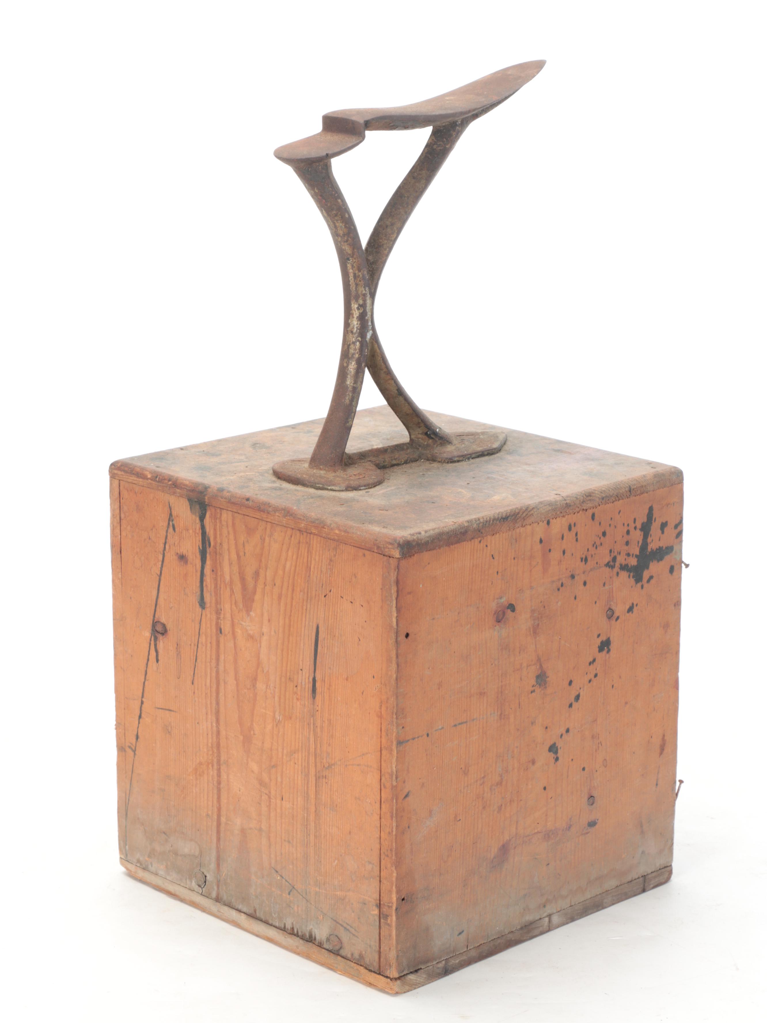 Pine and Cast Iron Shoe Shine Stands with Painted Wood Stool