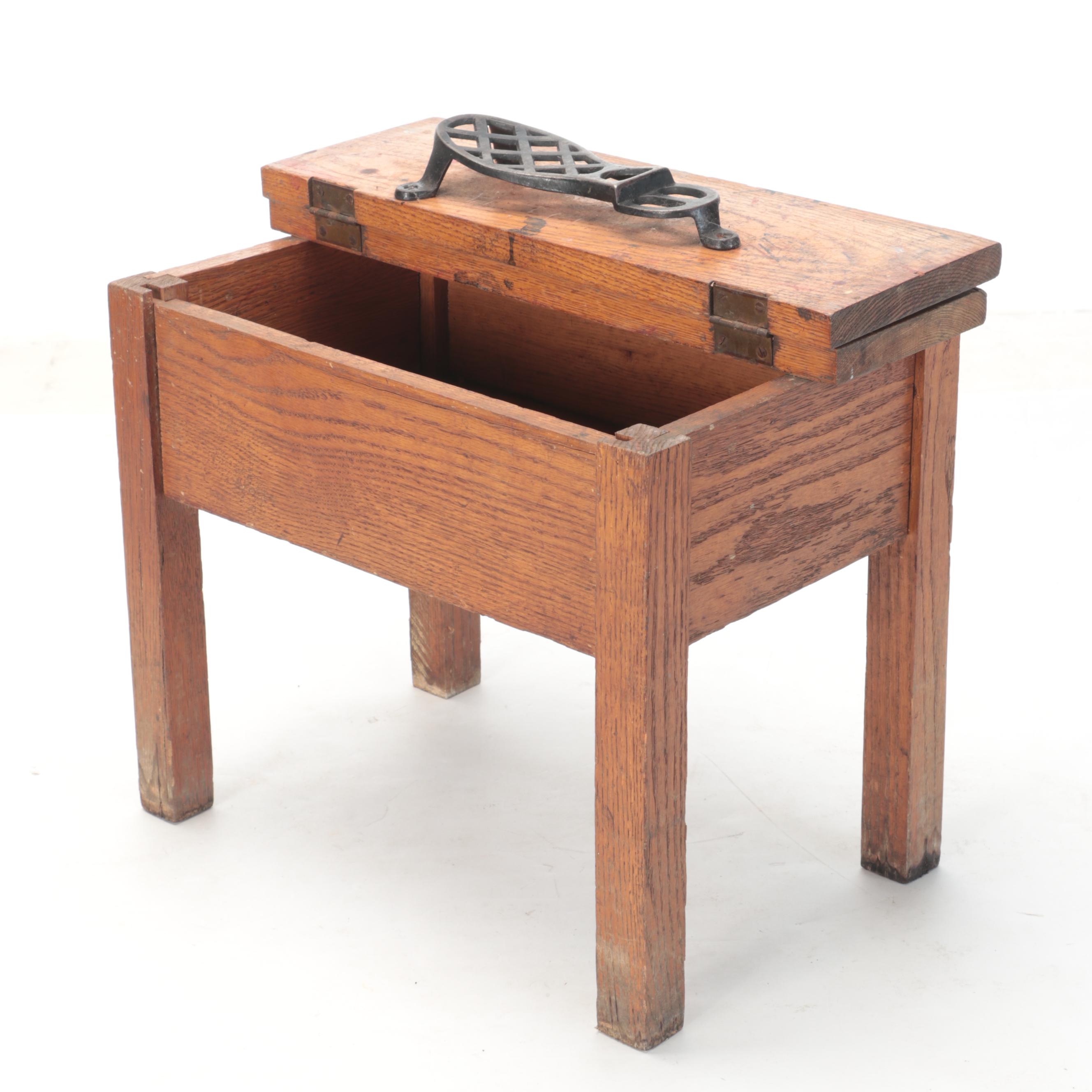 Pine and Cast Iron Shoe Shine Stands with Painted Wood Stool