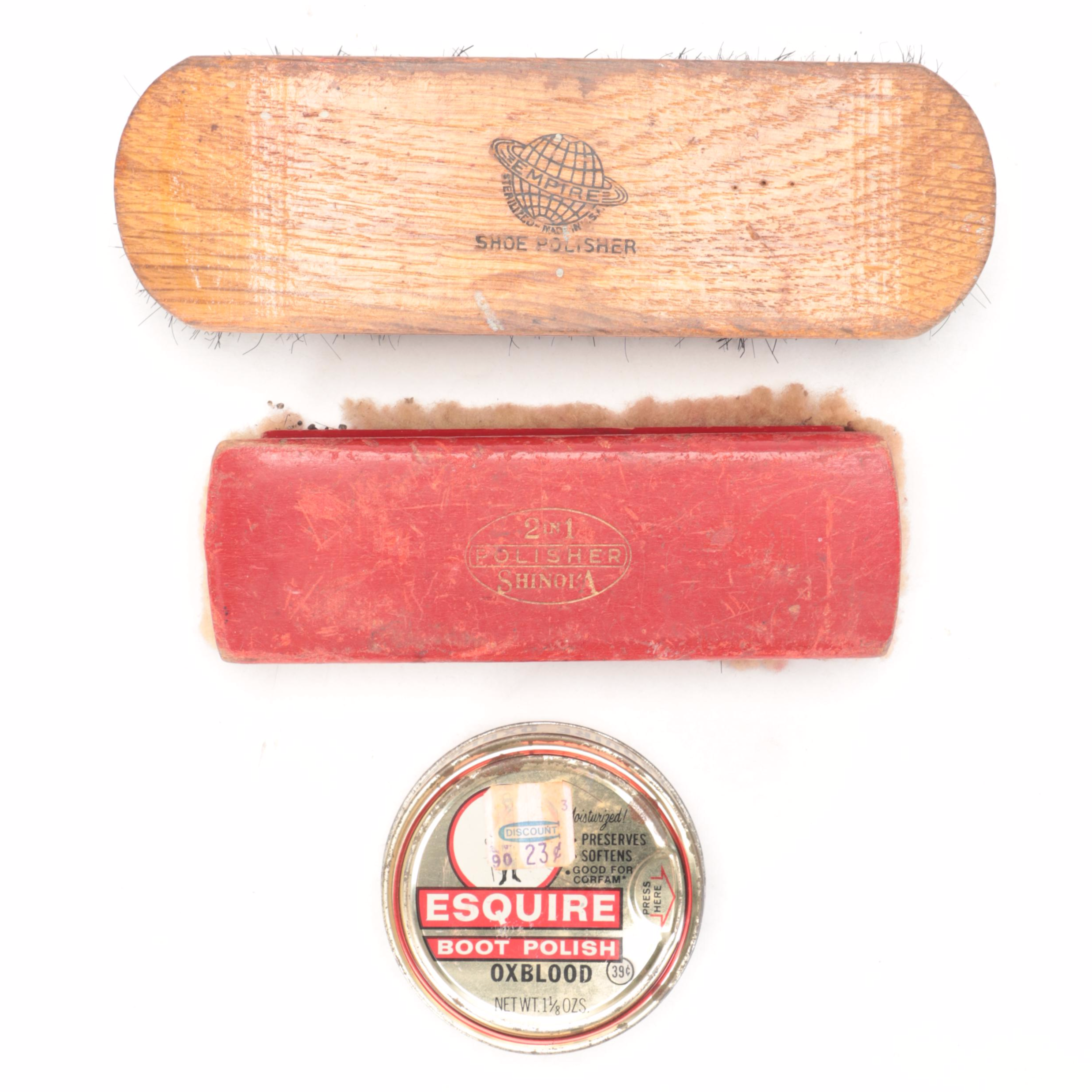 Pine and Cast Iron Shoe Shine Stands with Painted Wood Stool