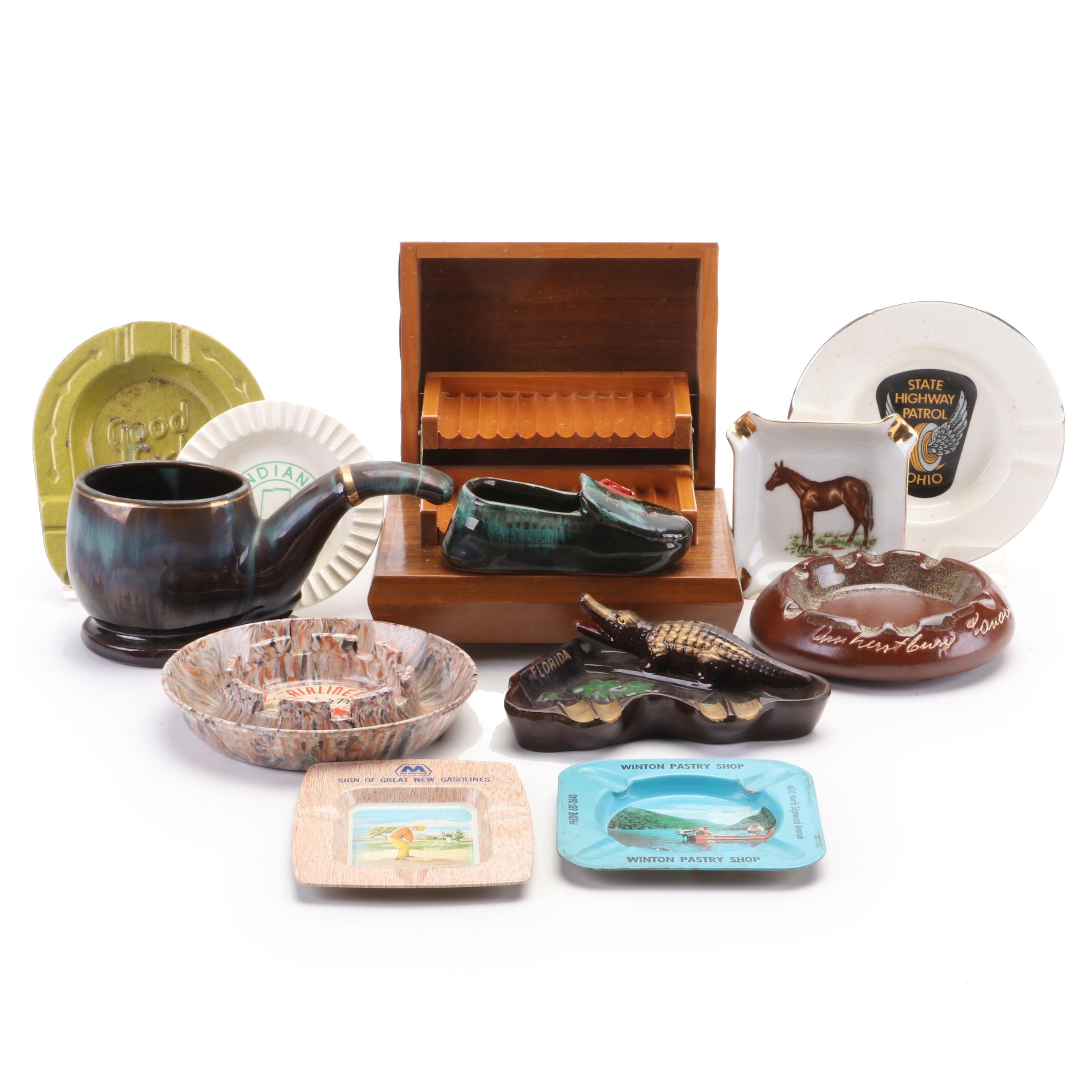 McMaster with Other Ashtrays, Musical Cigarette Box and Shoe Figurine