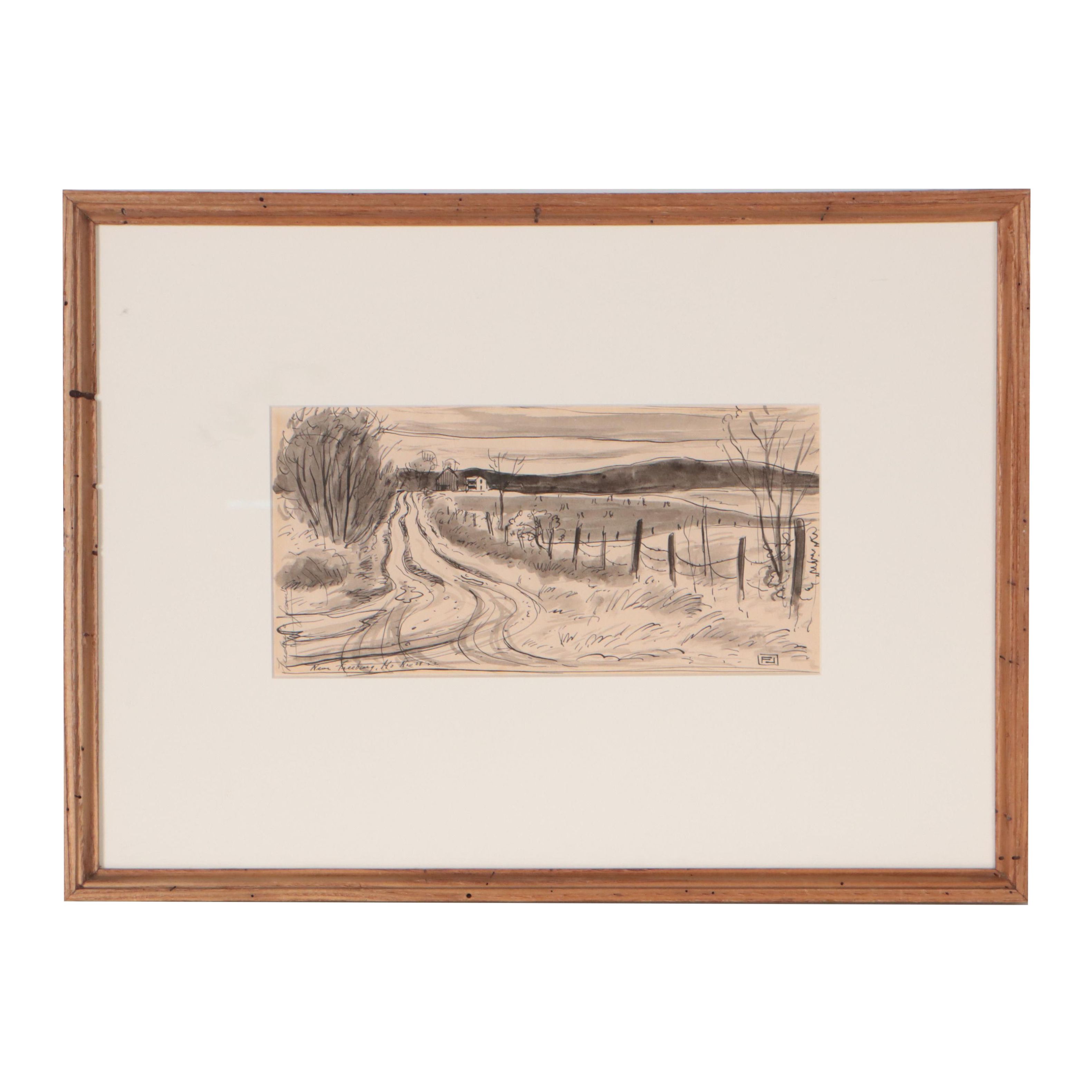 Frederic James Ink Drawing of Country Road, 1952