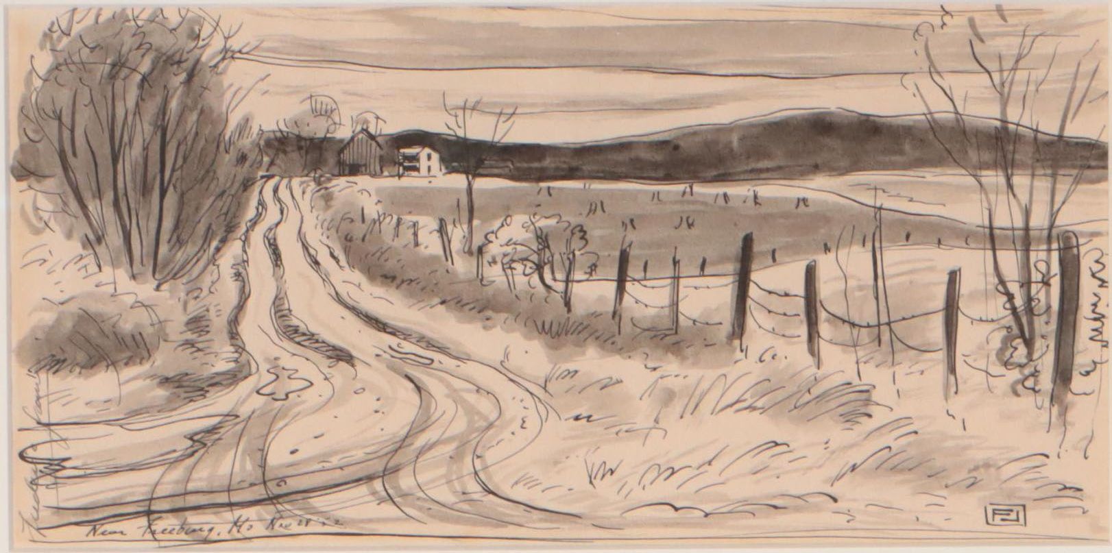 Frederic James Ink Drawing of Country Road, 1952
