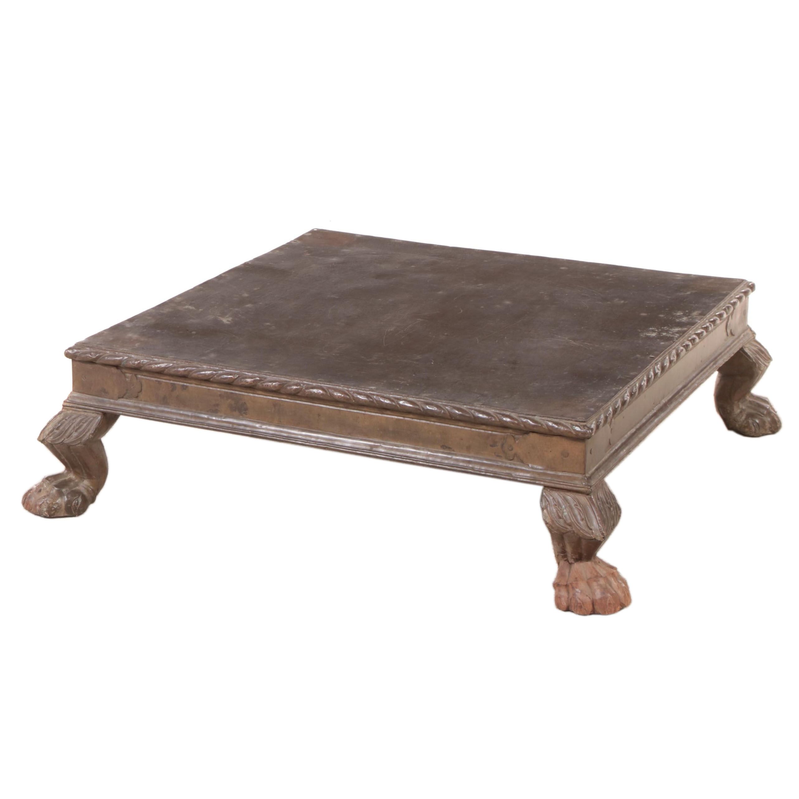 Indian Gujarati Brass Clad and Carved Wood Low Table, Early 20th Century