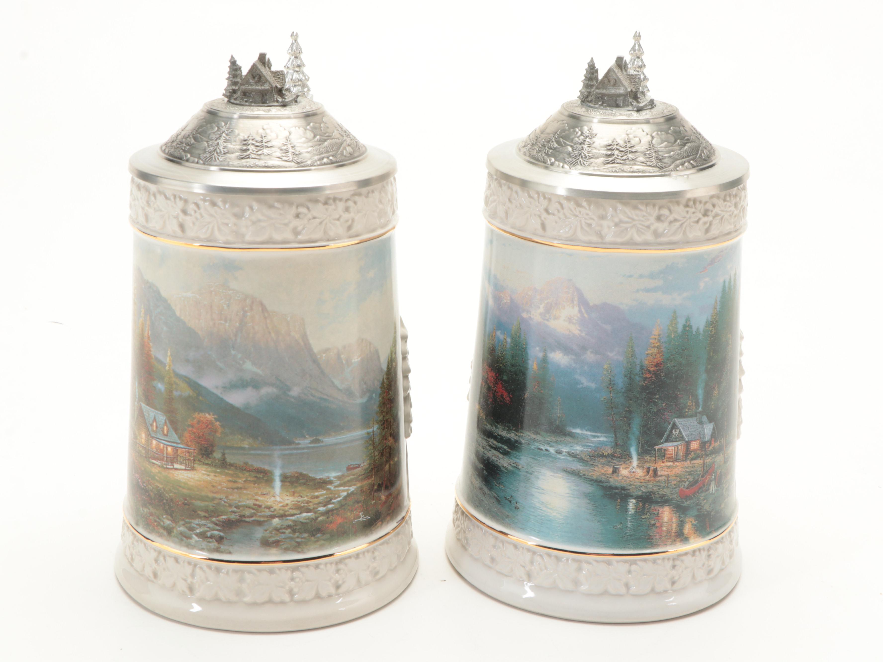 Thomas Kinkade "Woodland Retreat" Collection Stoneware Beer Steins