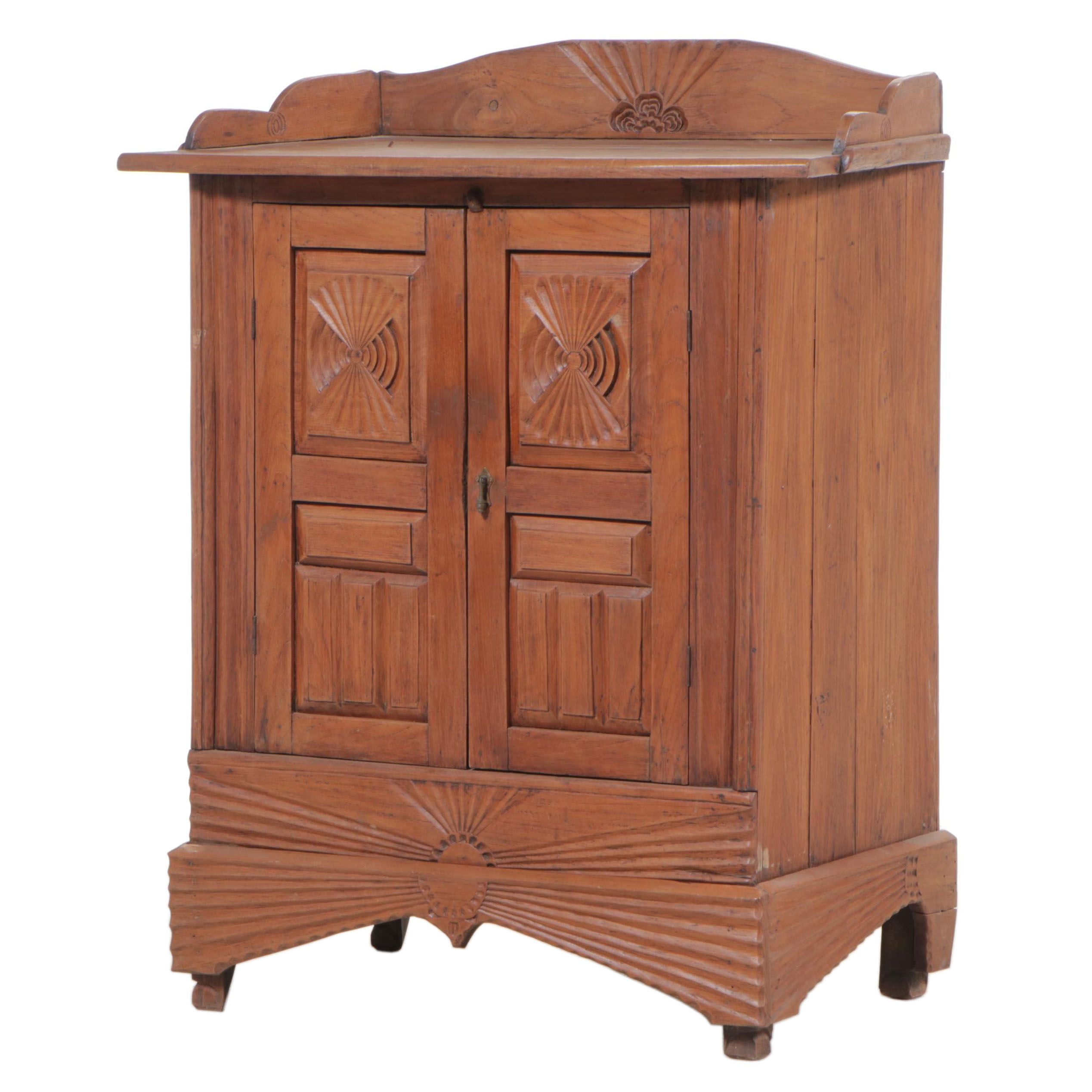 Burmese Art Deco Carved Teak Side Cabinet, Early 20th Century