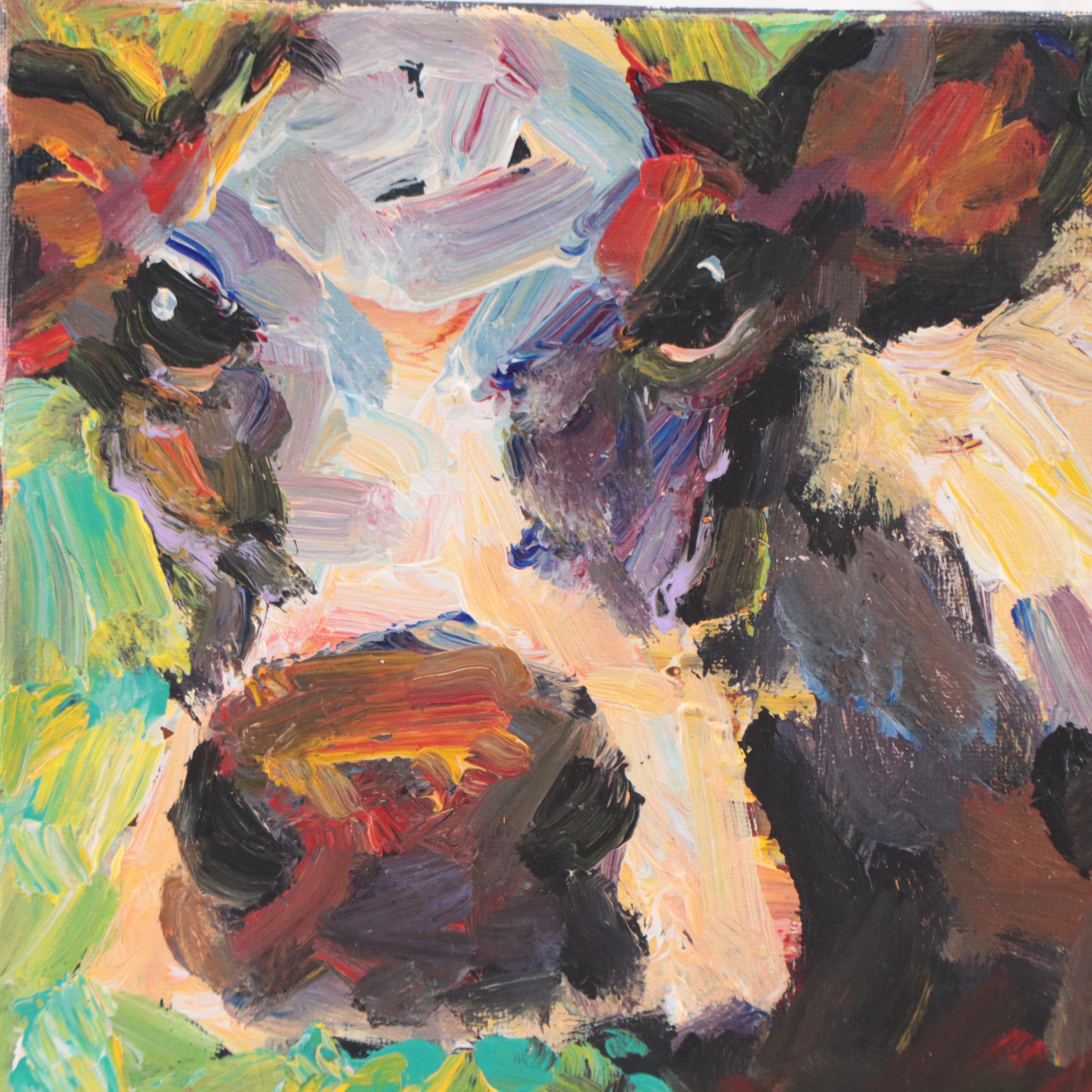 Elle Raines Cow Portrait Acrylic Impasto Painting