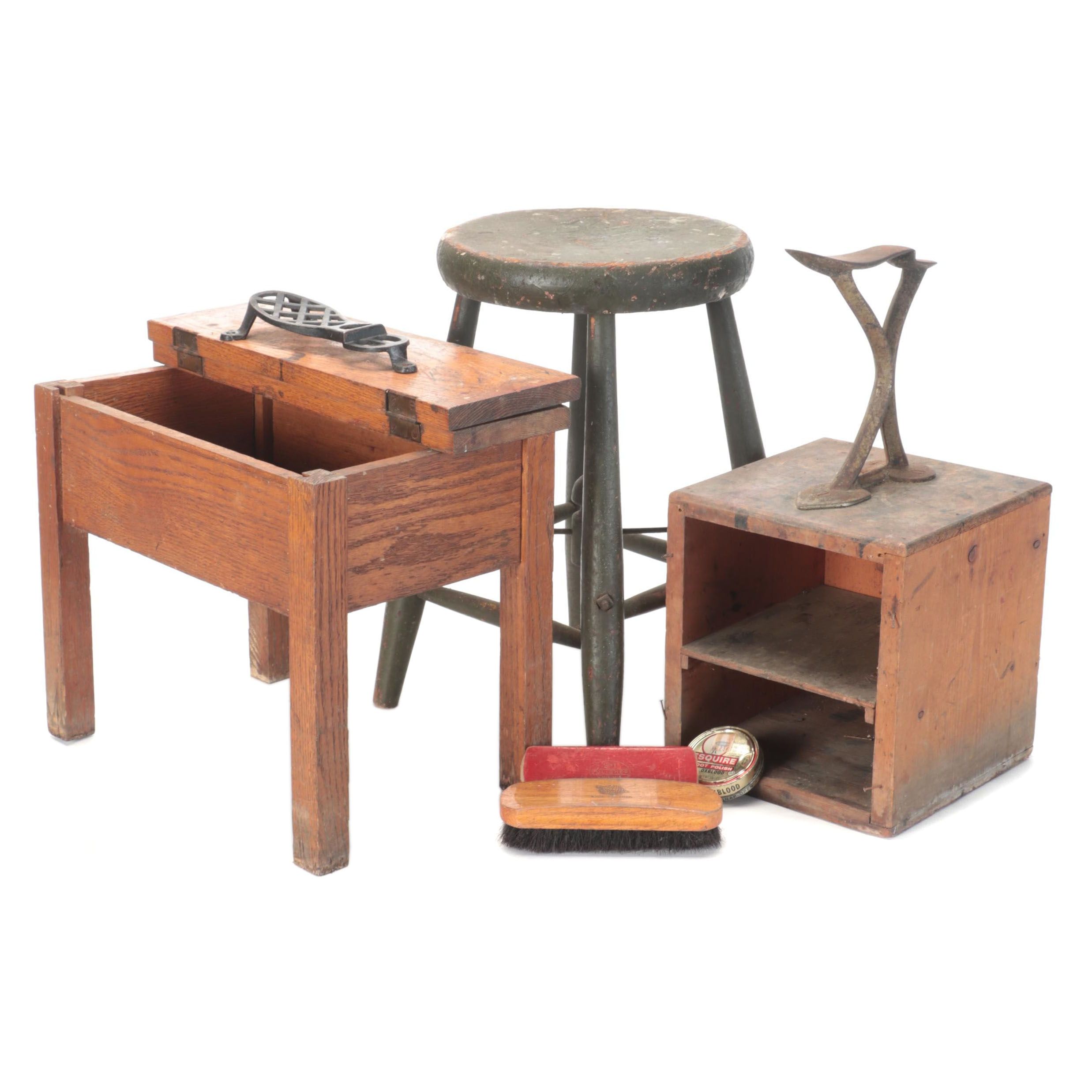 Pine and Cast Iron Shoe Shine Stands with Painted Wood Stool