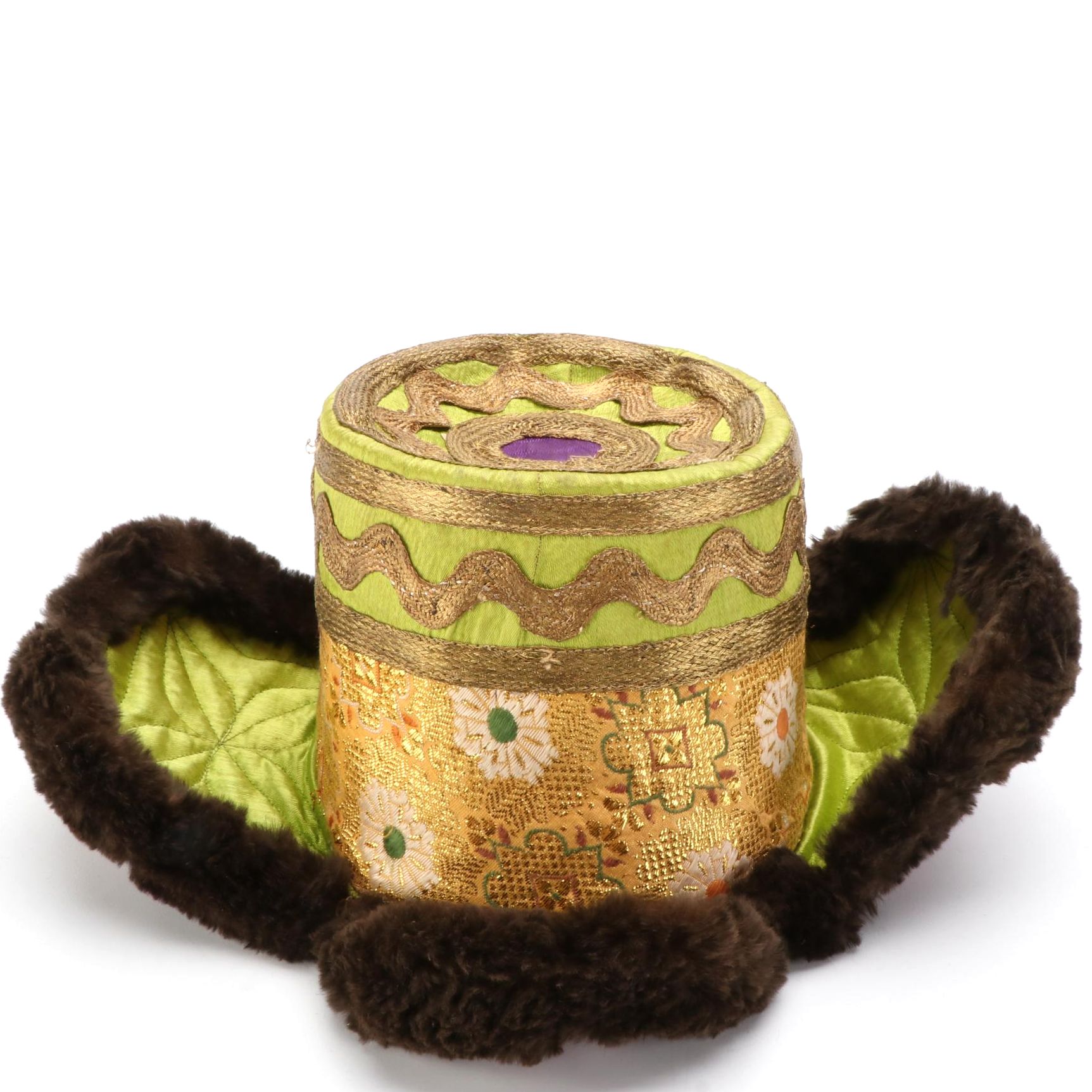 Tibetan Brocade Xamo Gyaise Hat with Yak Fur Trim