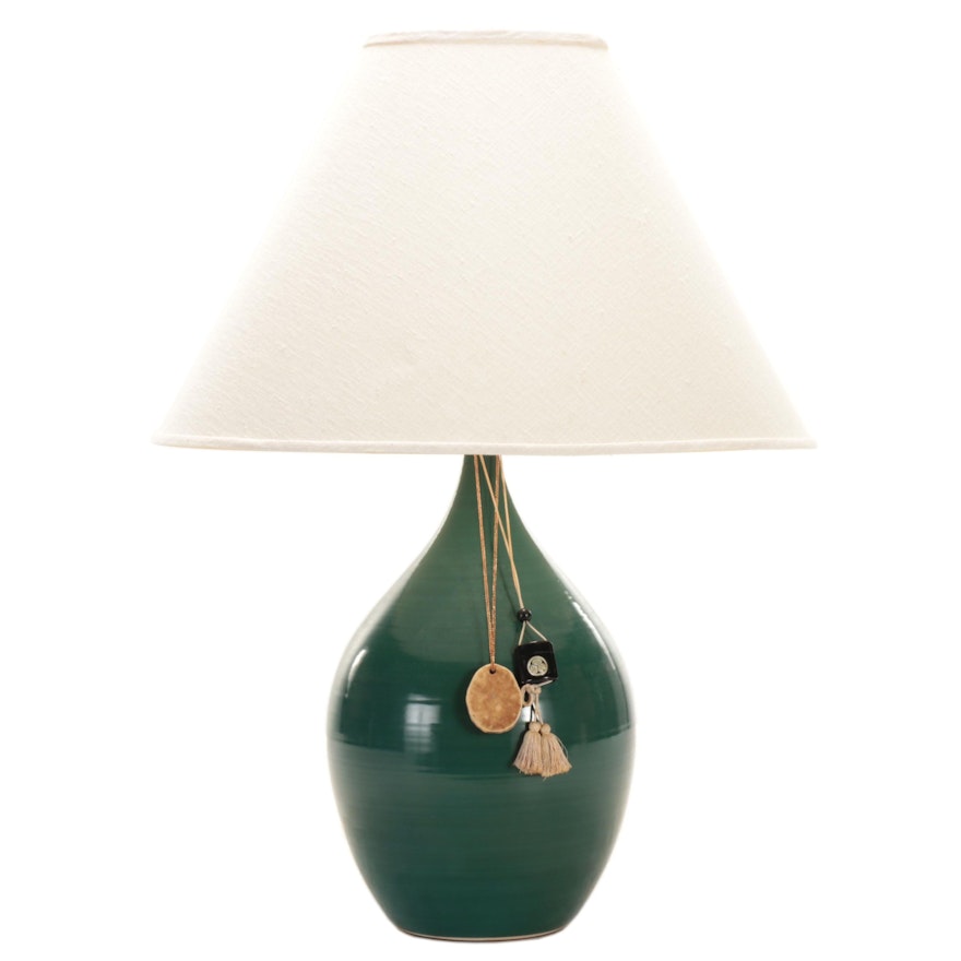 Green Glazed Ceramic Vase Table Lamp with Inrō and Medallion Tassels
