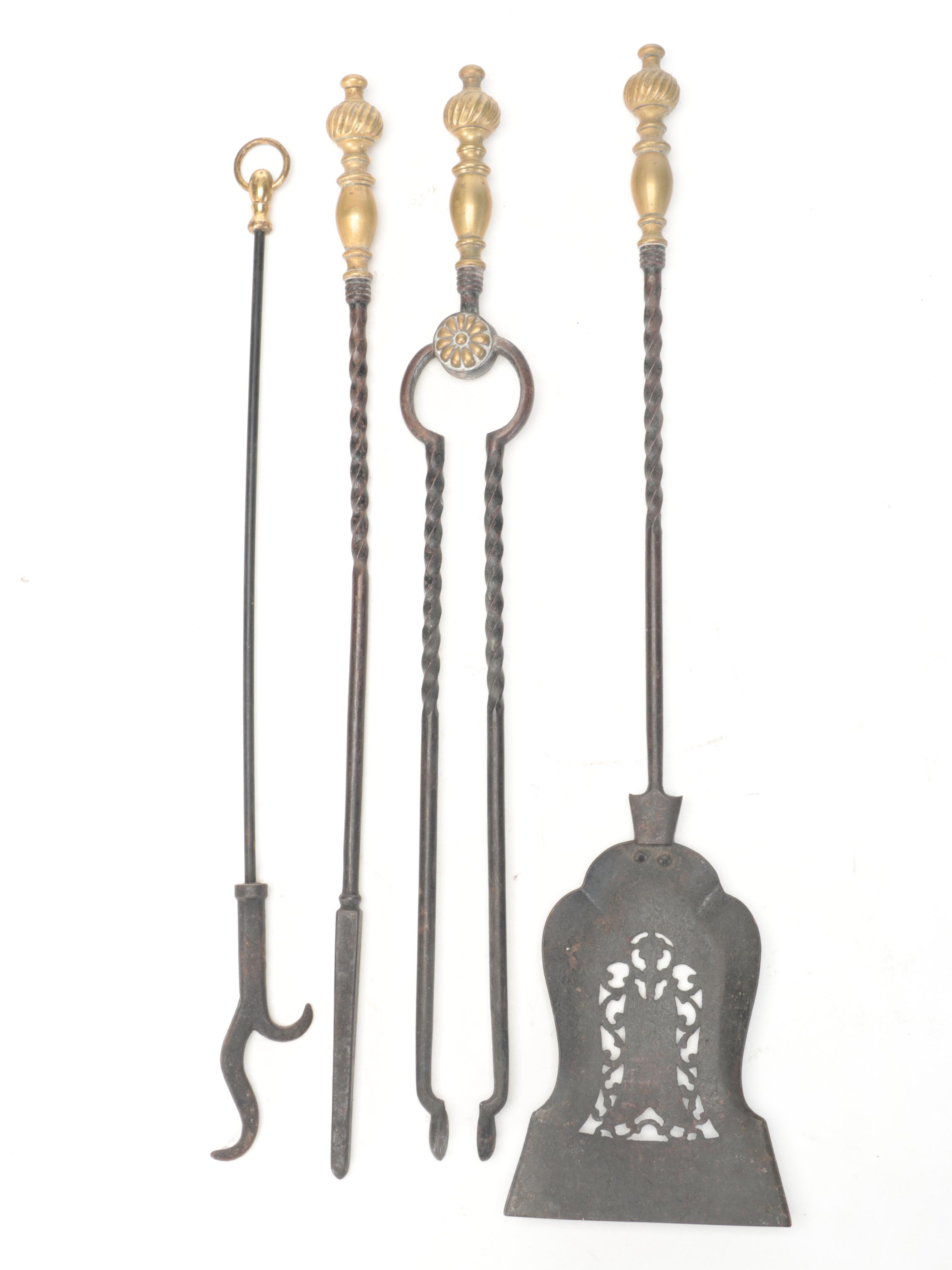 English Regency Style Brass Tool Rests and Other Fireplace Accessories