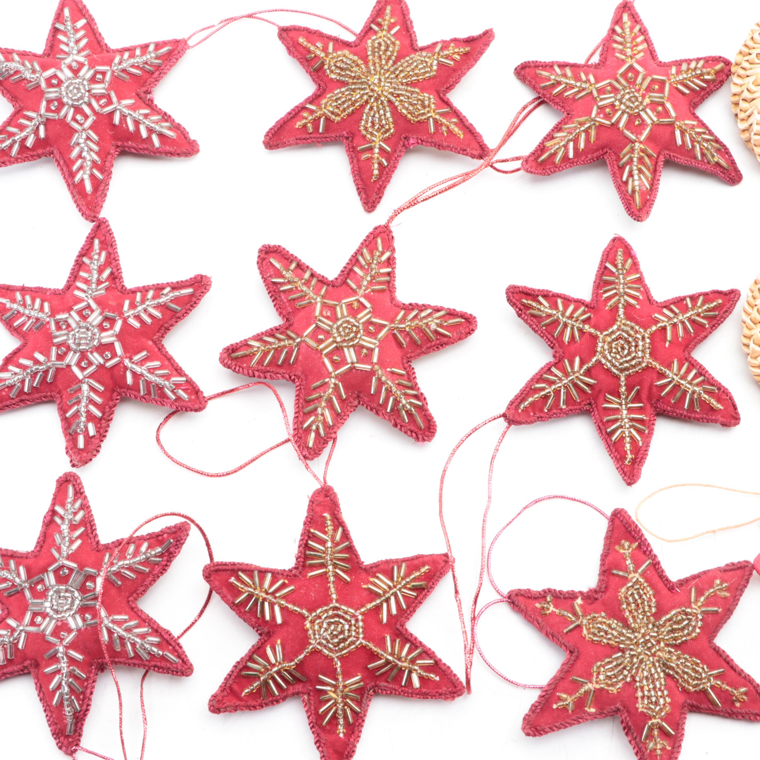 Painted Tole Metal Ice Skate, Beaded Star and Woven Wreath Tree Ornaments