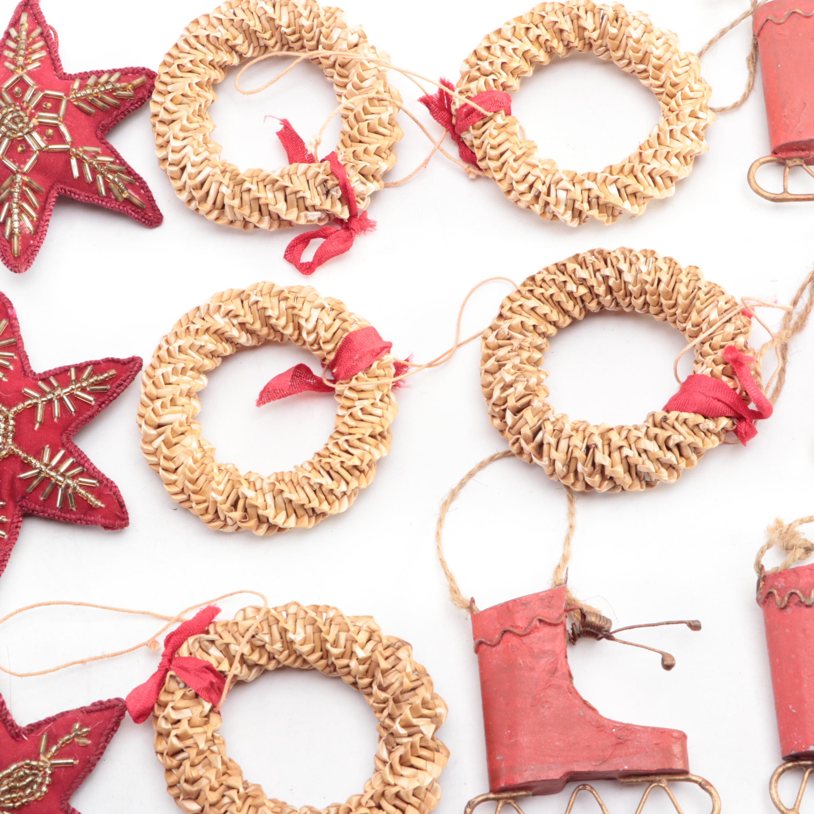 Painted Tole Metal Ice Skate, Beaded Star and Woven Wreath Tree Ornaments