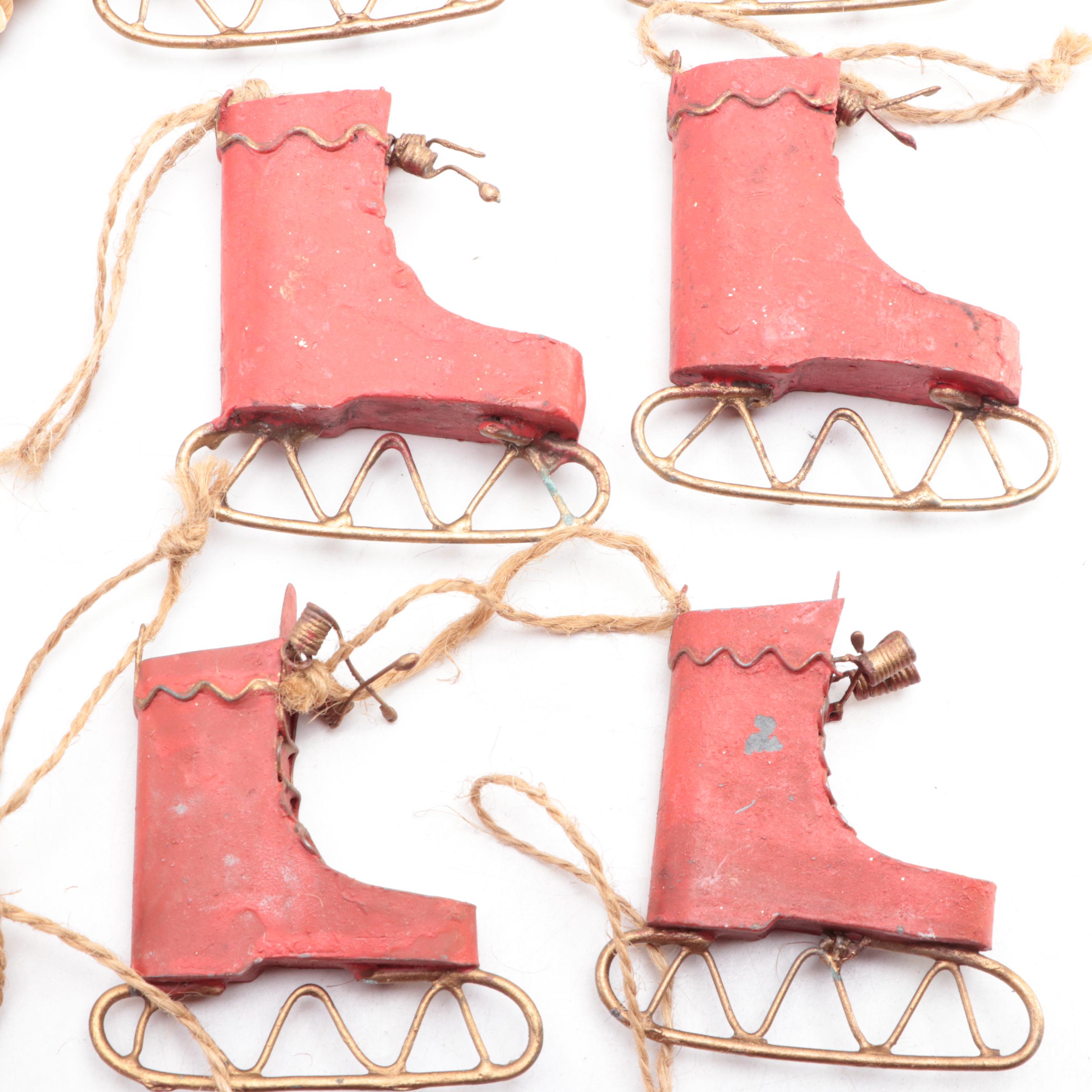 Painted Tole Metal Ice Skate, Beaded Star and Woven Wreath Tree Ornaments