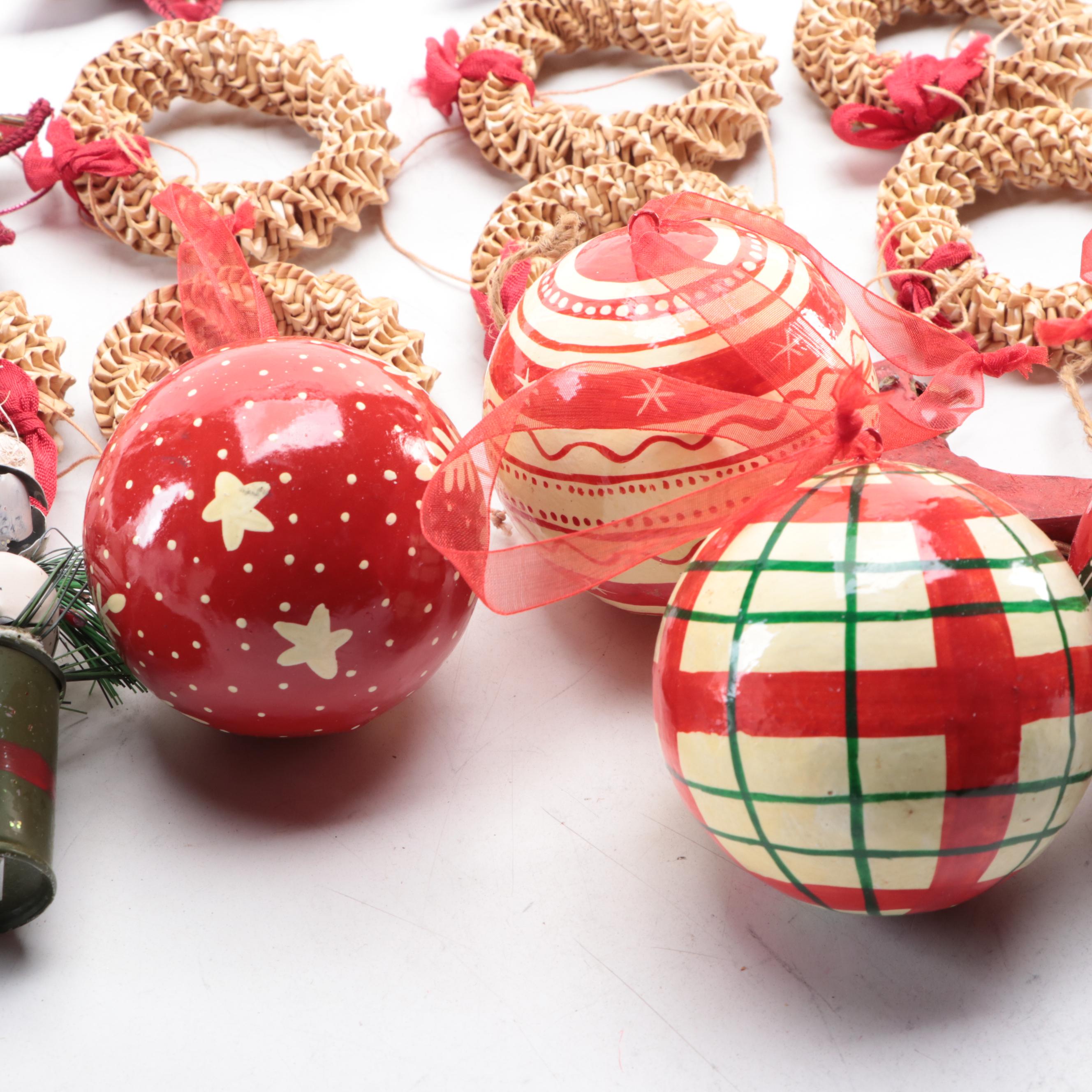 Painted Tole Metal Ice Skate, Beaded Star and Woven Wreath Tree Ornaments