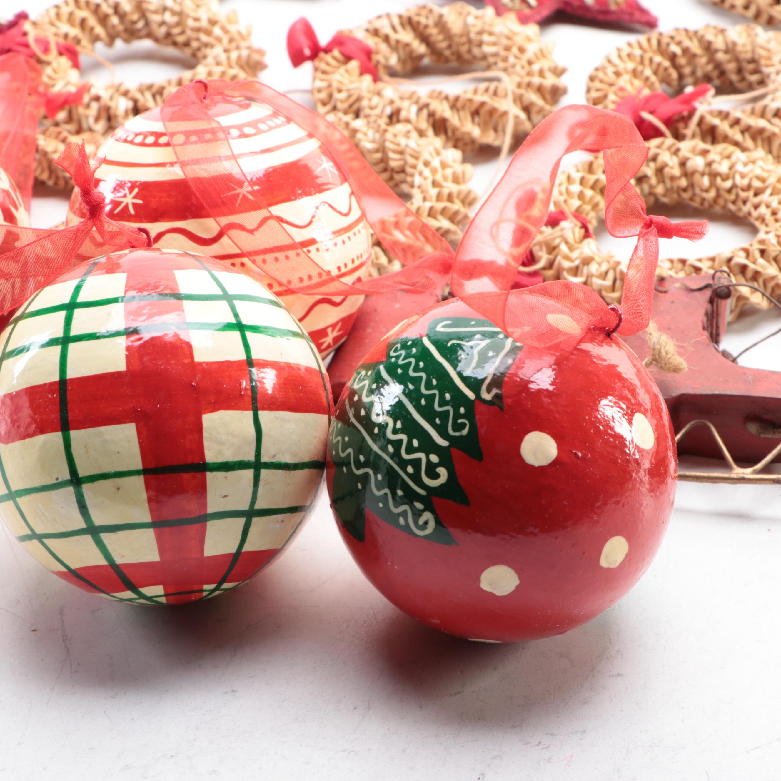 Painted Tole Metal Ice Skate, Beaded Star and Woven Wreath Tree Ornaments