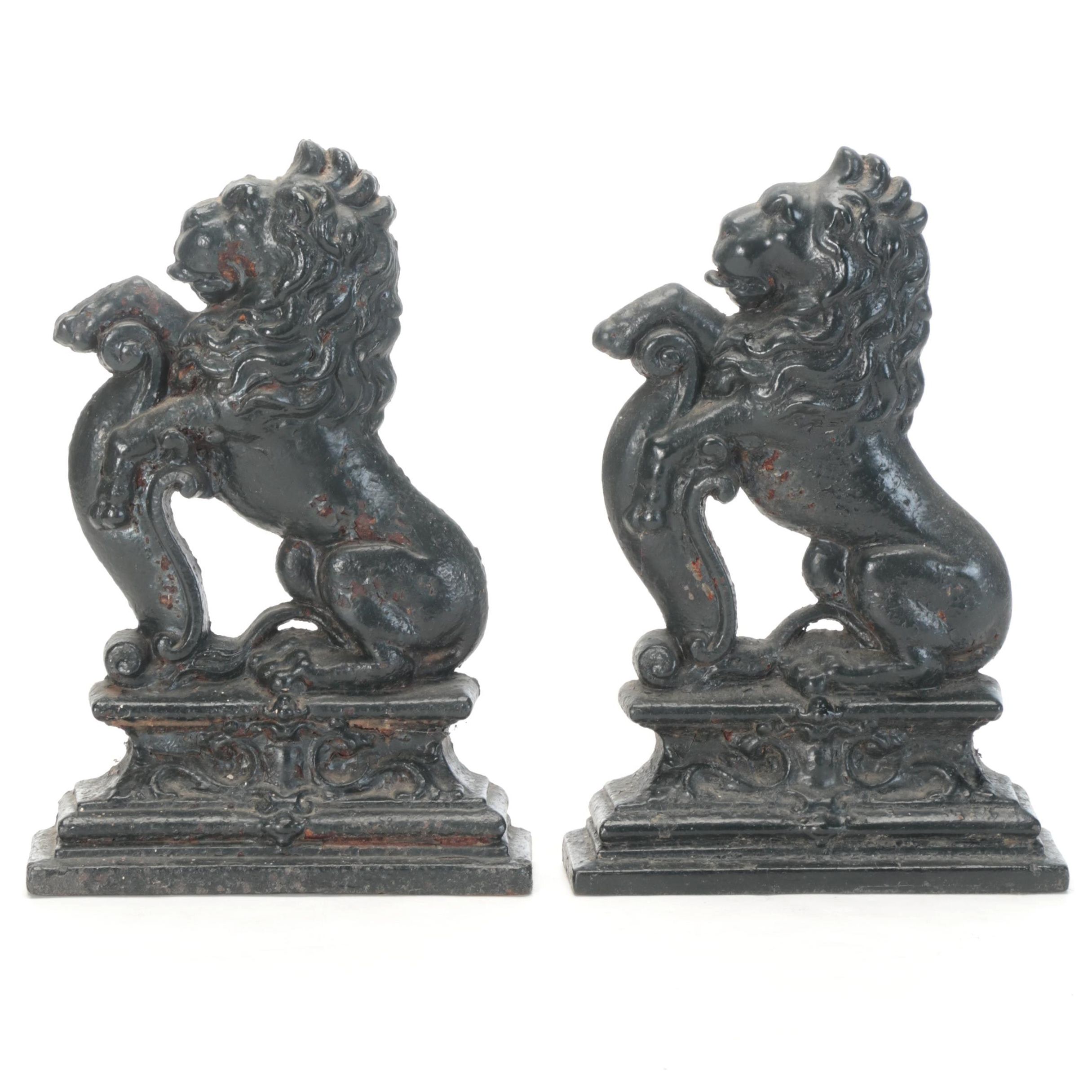 Georgian Style Heraldic Lion Painted Cast Iron Fire Dogs, Late 19th Century