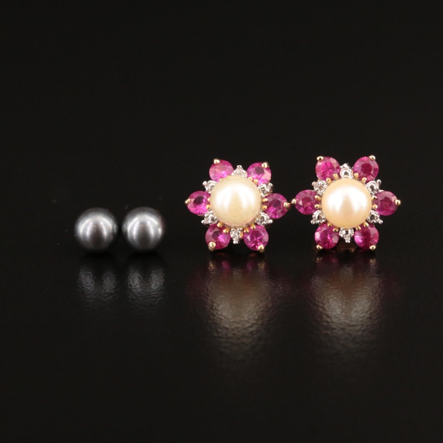 14K Pearl Stud Earrings with 10K Pearl, Ruby and Diamond Earrings