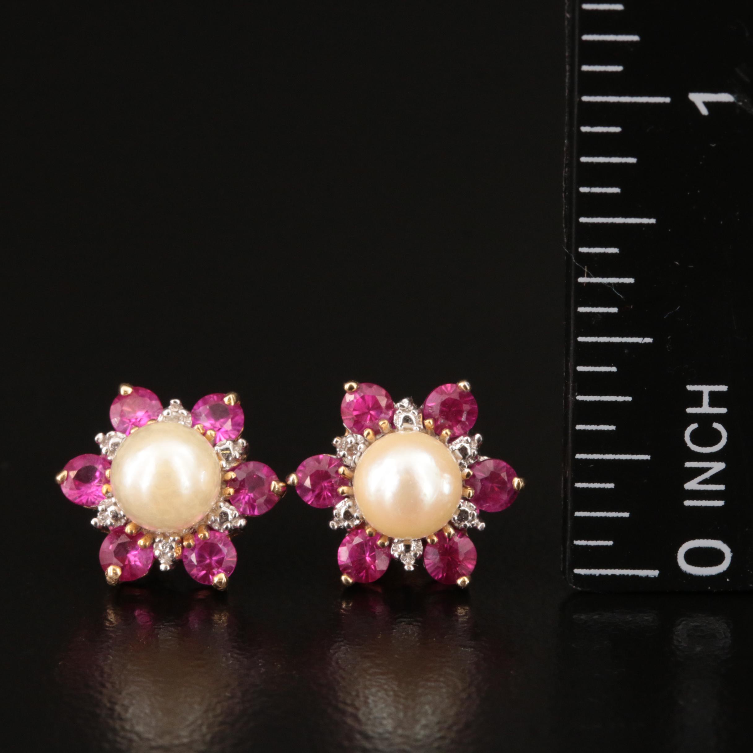 14K Pearl Stud Earrings with 10K Pearl, Ruby and Diamond Earrings