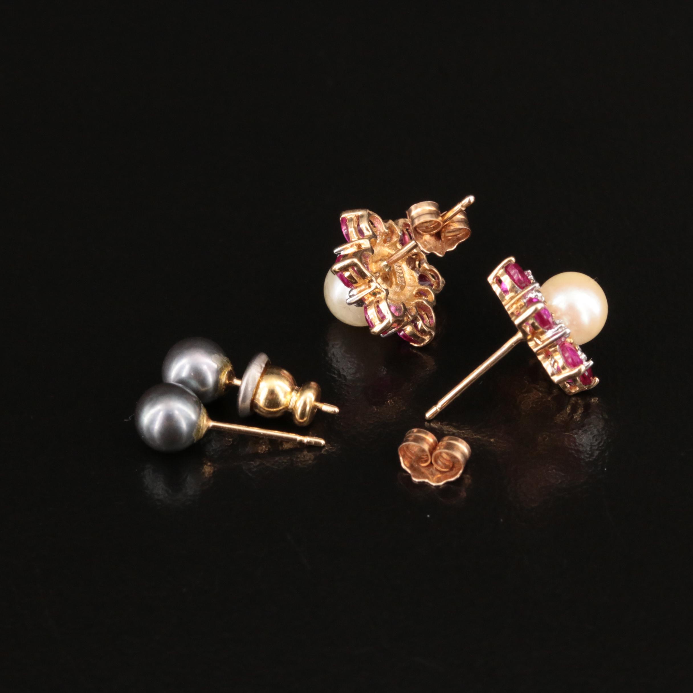 14K Pearl Stud Earrings with 10K Pearl, Ruby and Diamond Earrings