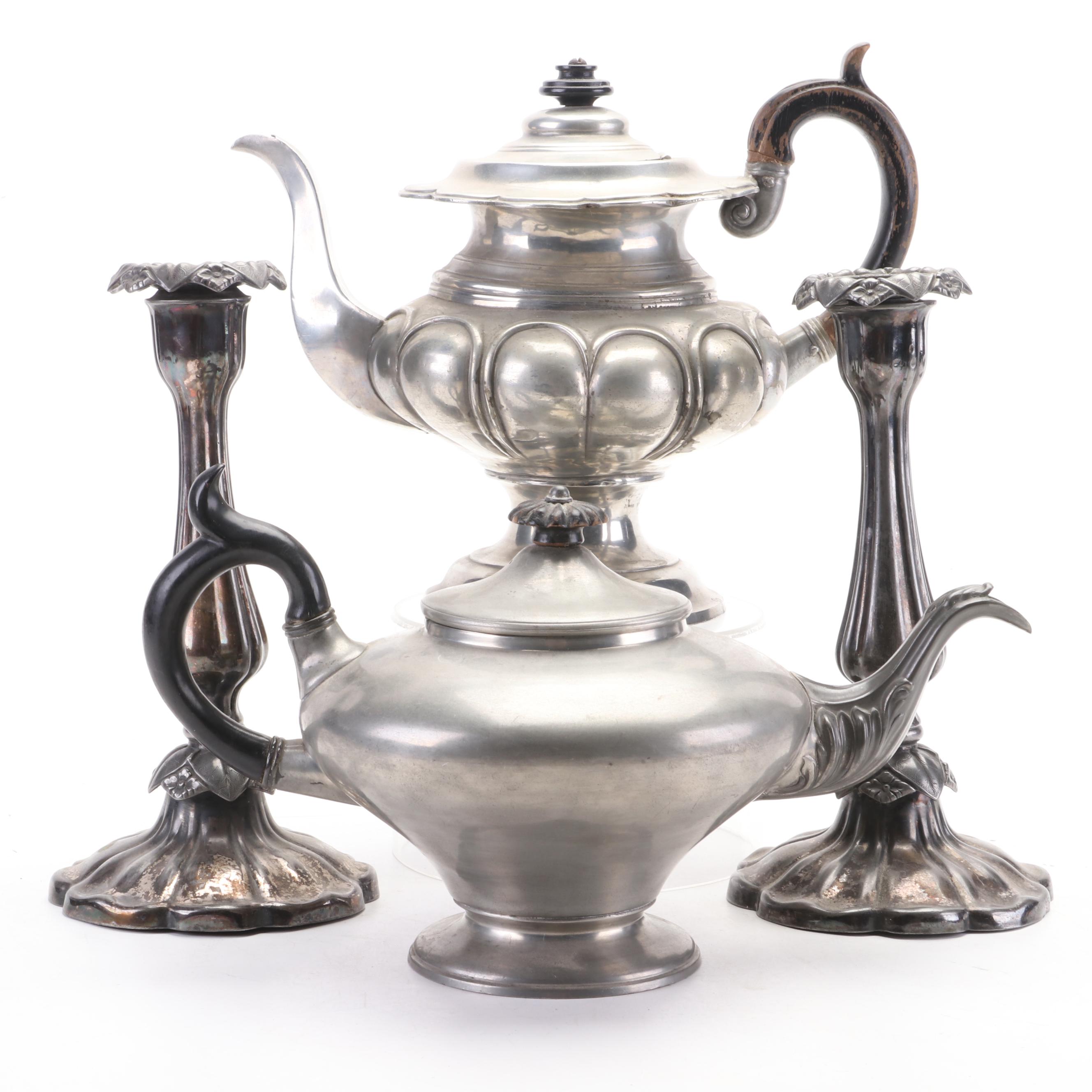 James Dixon & Son and Other Pewter Teapots with Silver Plate Candlesticks