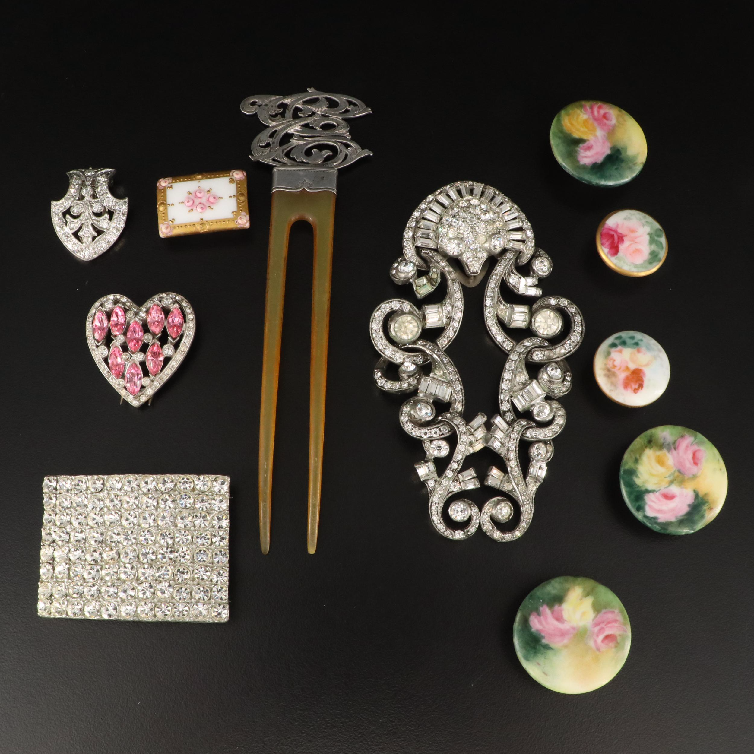 Antique and Vintage Grouping Including 900 Sterling Hair Pin and Rhinestone