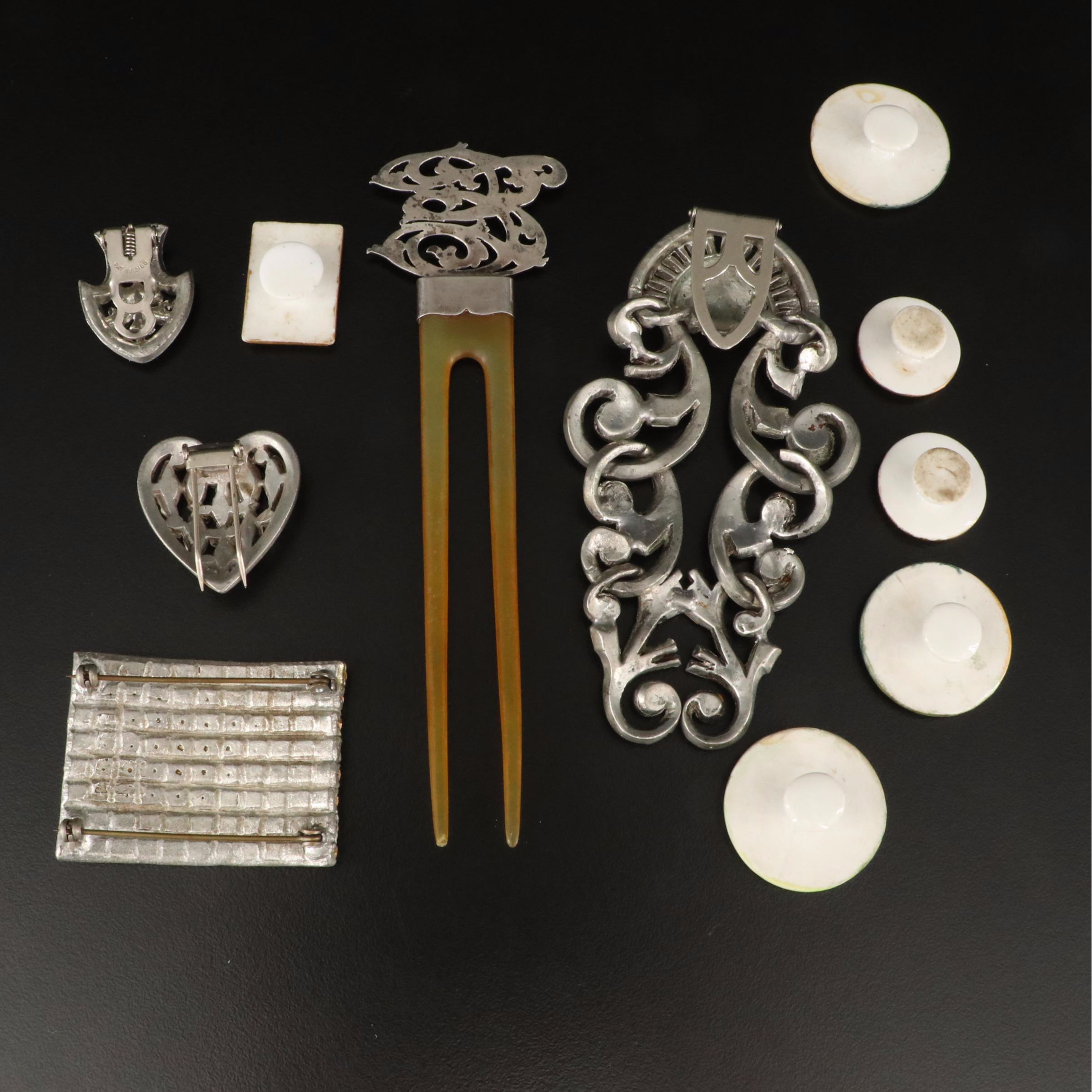 Antique and Vintage Grouping Including 900 Sterling Hair Pin and Rhinestone