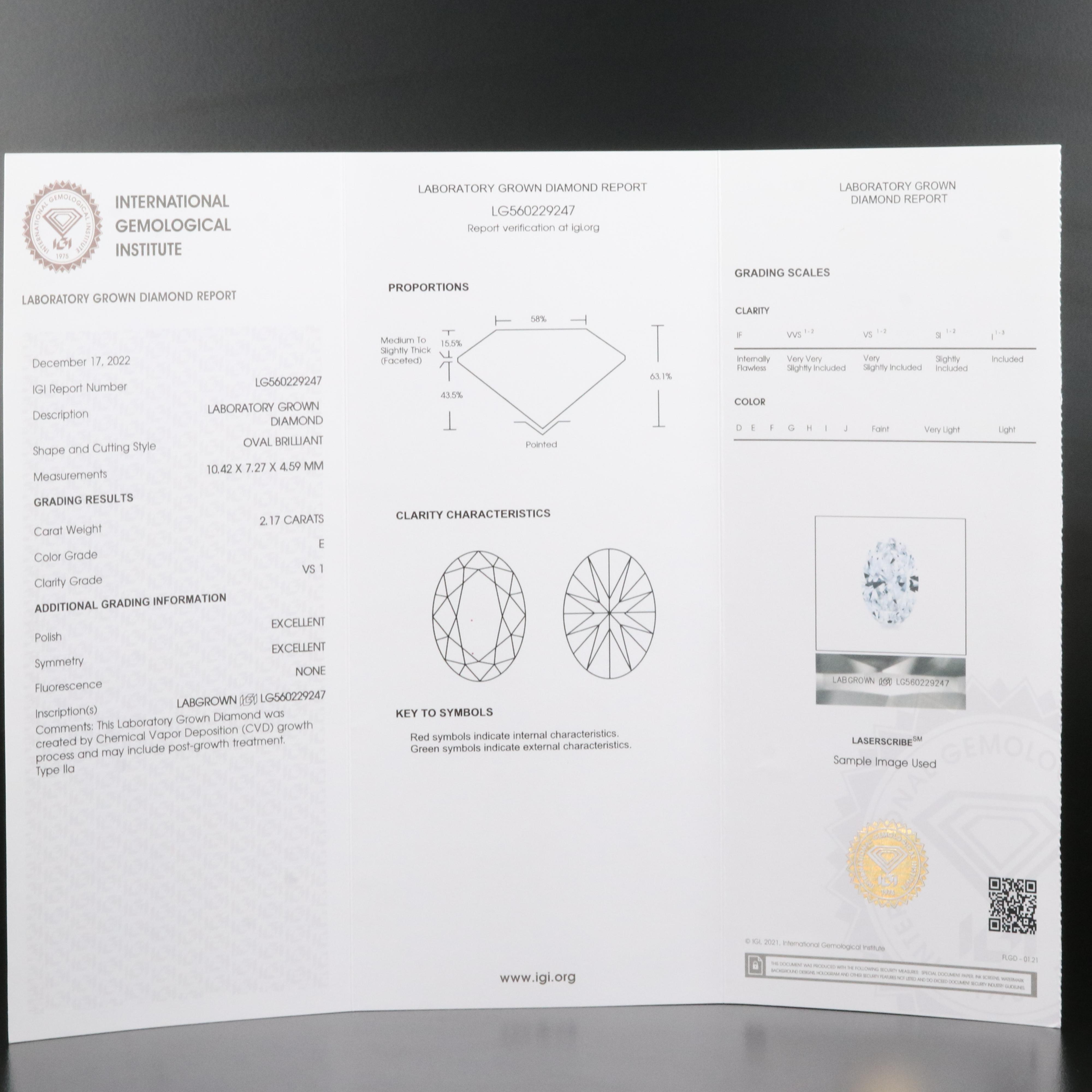 Loose 2.17 CT Lab Grown Diamond with IGI Report