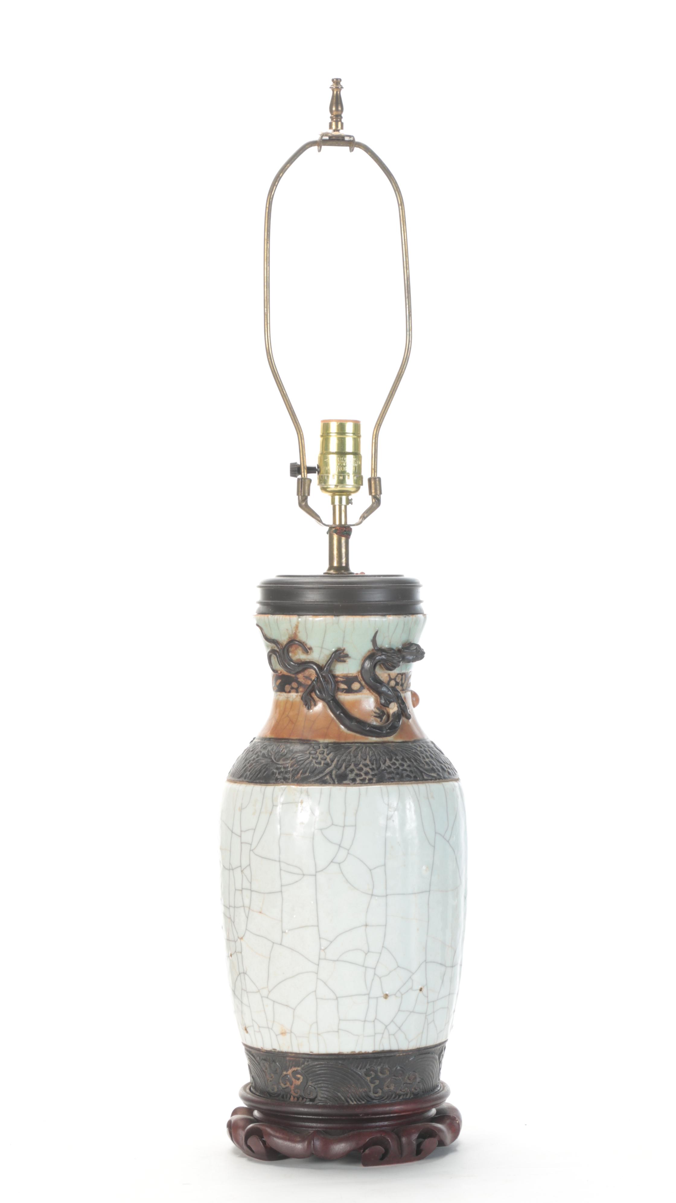 Chinese Ceramic Lamp With Applied Dragon and Drum Shade, Mid/ Late 20th Century