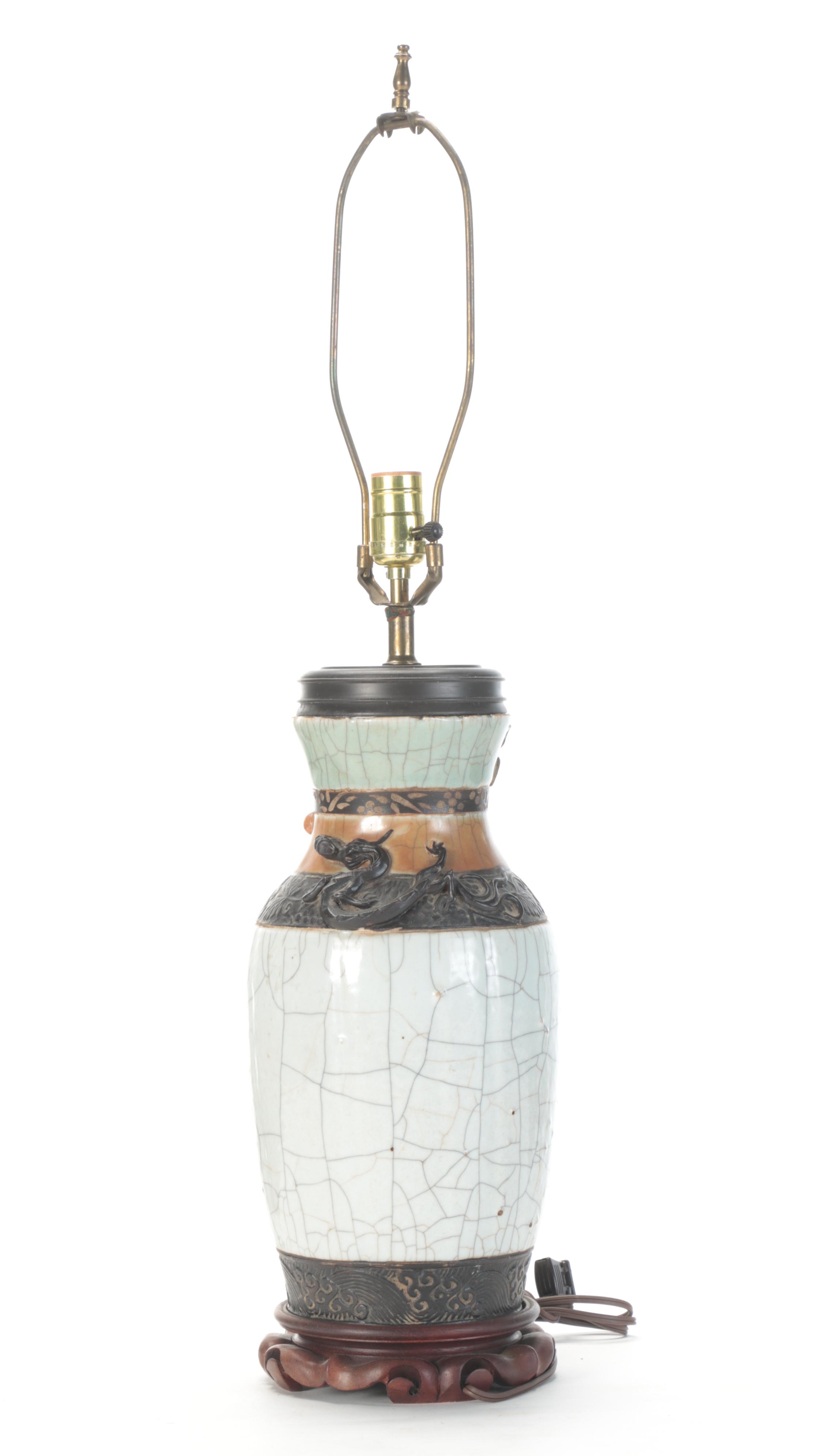 Chinese Ceramic Lamp With Applied Dragon and Drum Shade, Mid/ Late 20th Century