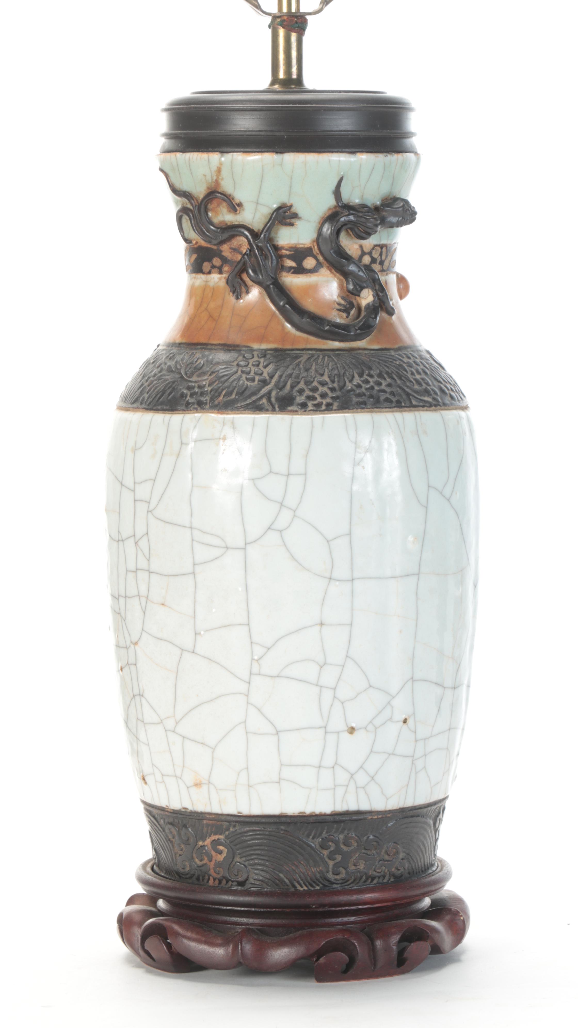 Chinese Ceramic Lamp With Applied Dragon and Drum Shade, Mid/ Late 20th Century