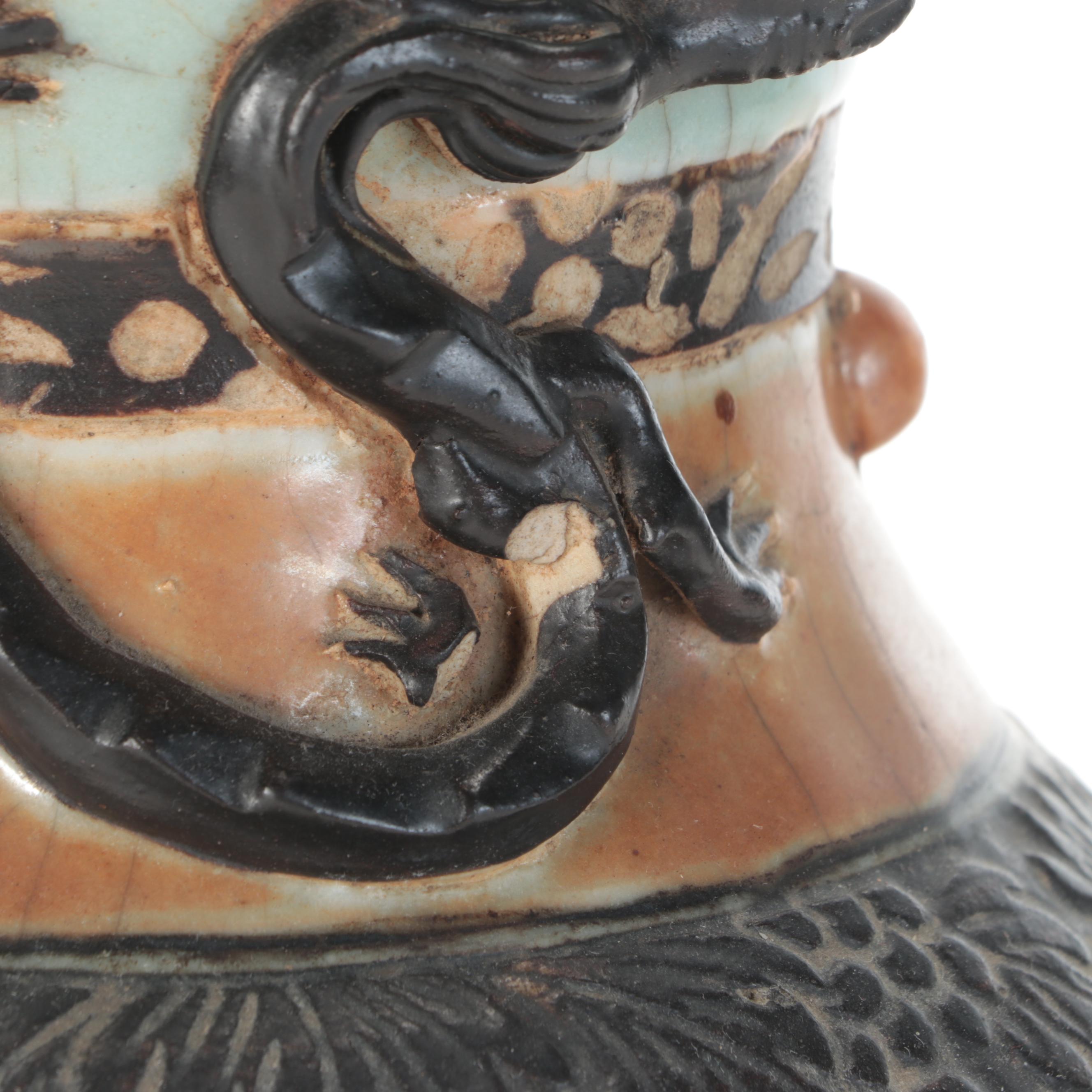 Chinese Ceramic Lamp With Applied Dragon and Drum Shade, Mid/ Late 20th Century