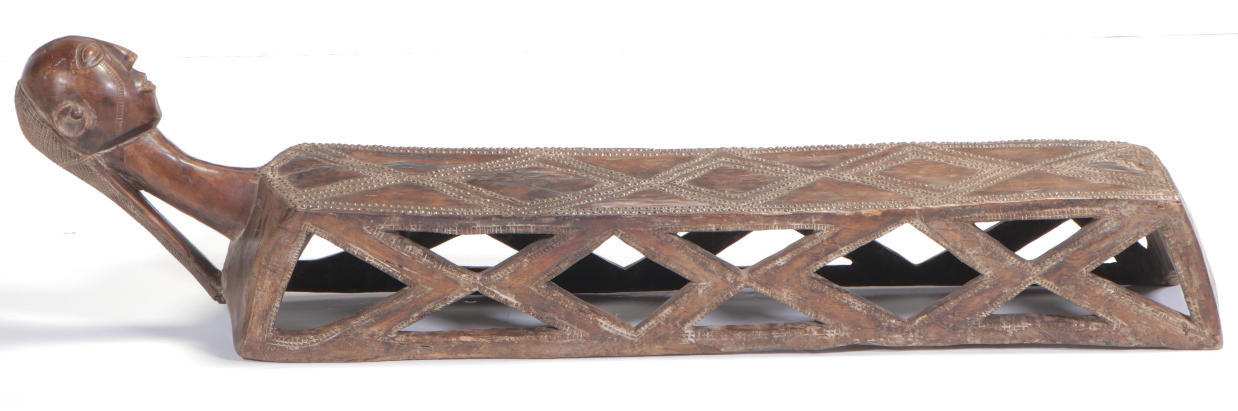 Zaire Tabwa People Hand-Carved and Nailhead Trim Wooden Chieftain's Bed