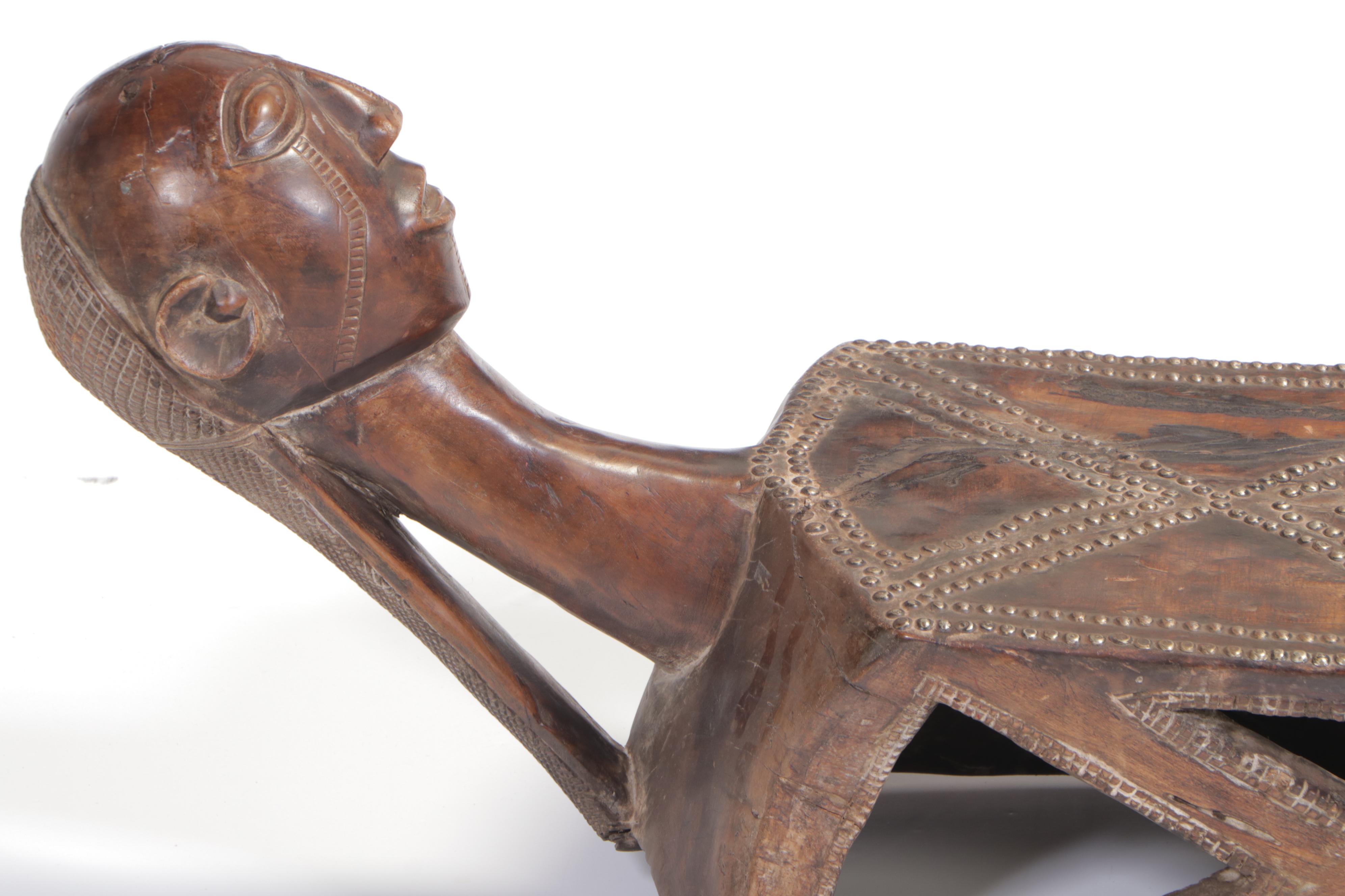 Zaire Tabwa People Hand-Carved and Nailhead Trim Wooden Chieftain's Bed