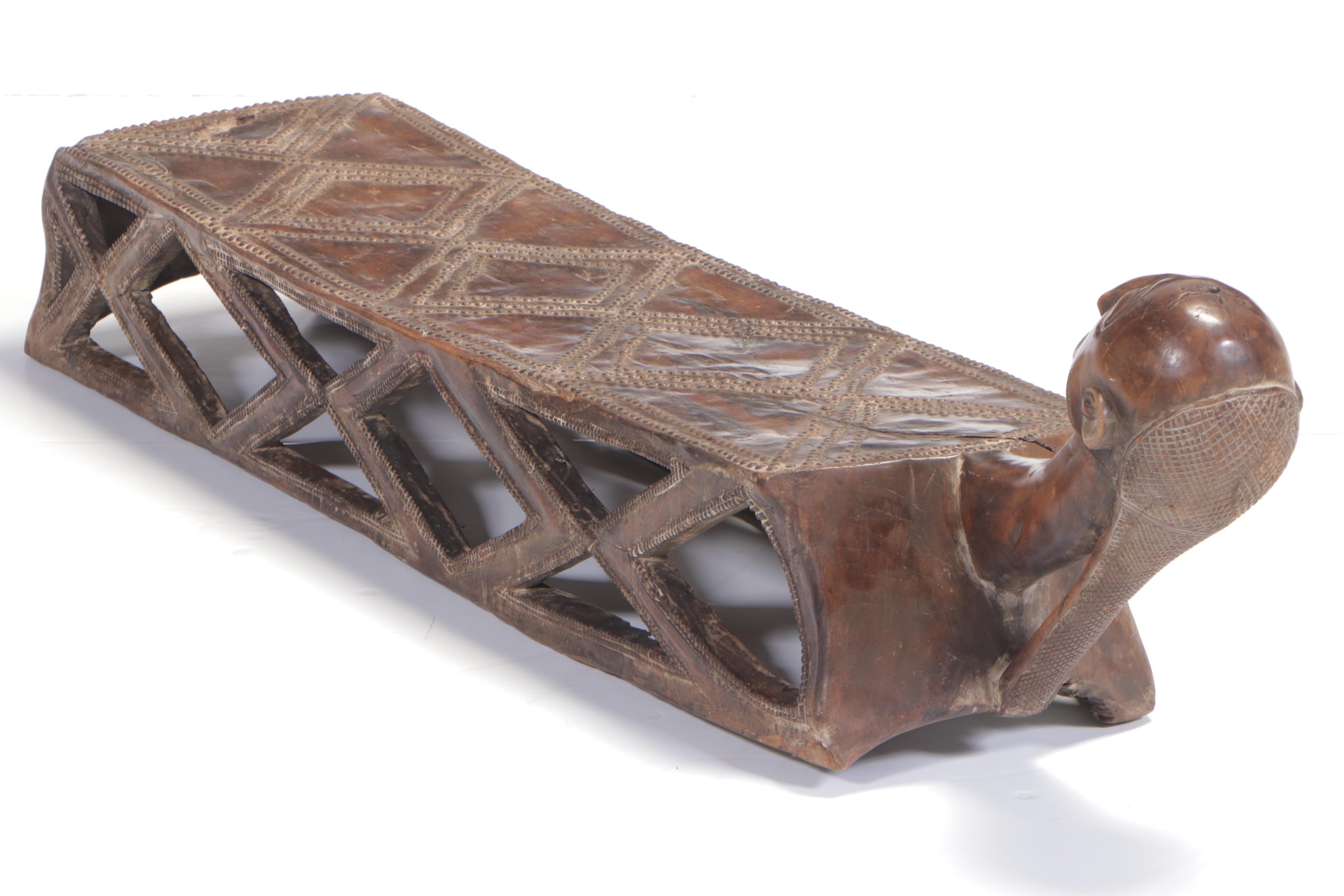 Zaire Tabwa People Hand-Carved and Nailhead Trim Wooden Chieftain's Bed