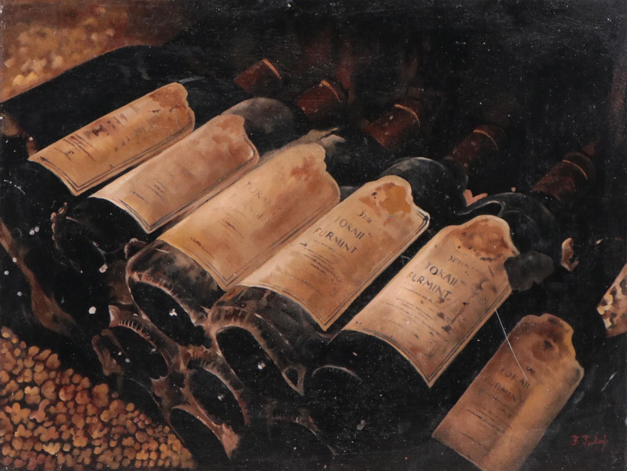 Ferenc Tulok Oil Painting of Tokaji Furmint Bottles