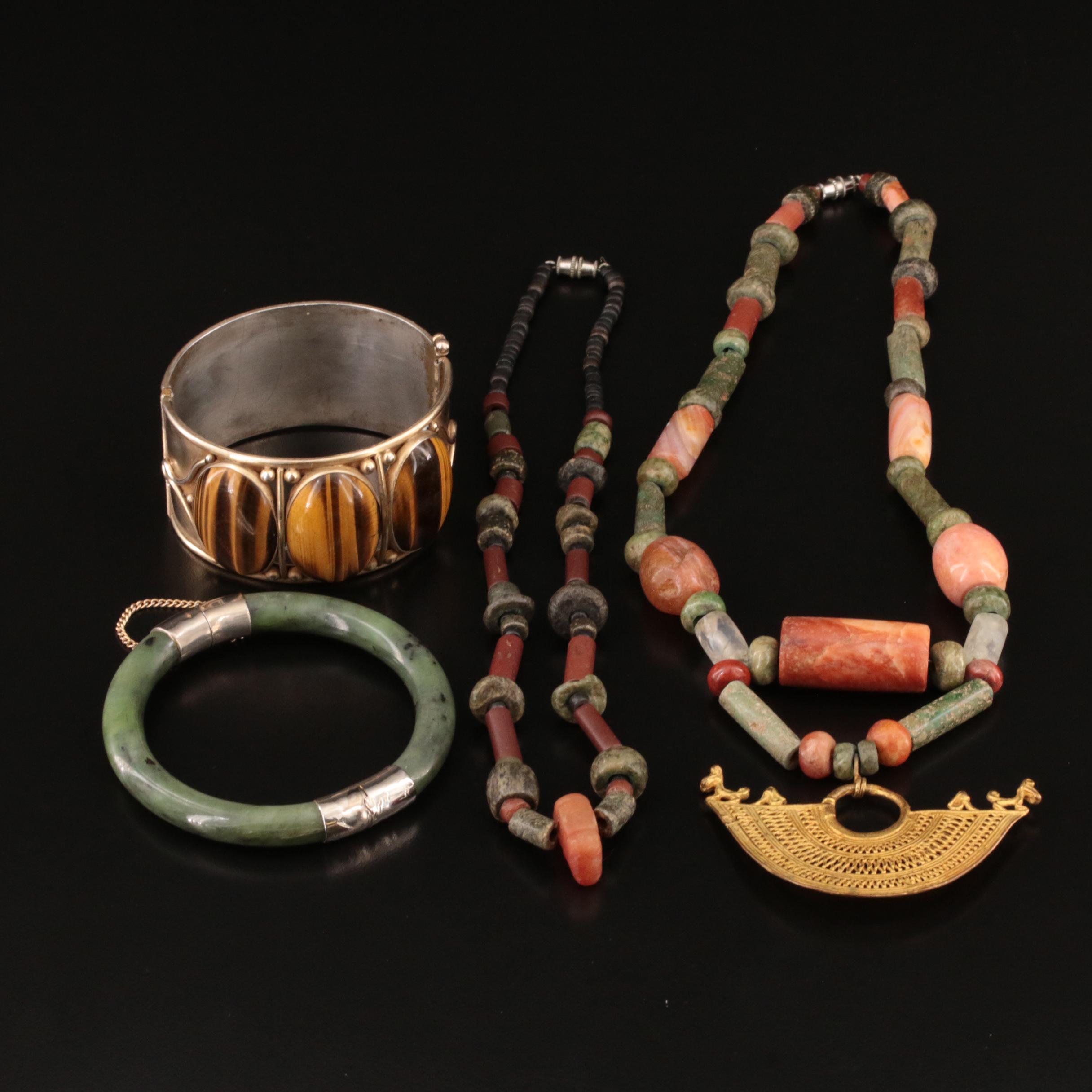 Tiger's Eye, Agate and Sterling Featured in Hinged Bangle and Necklace Selection