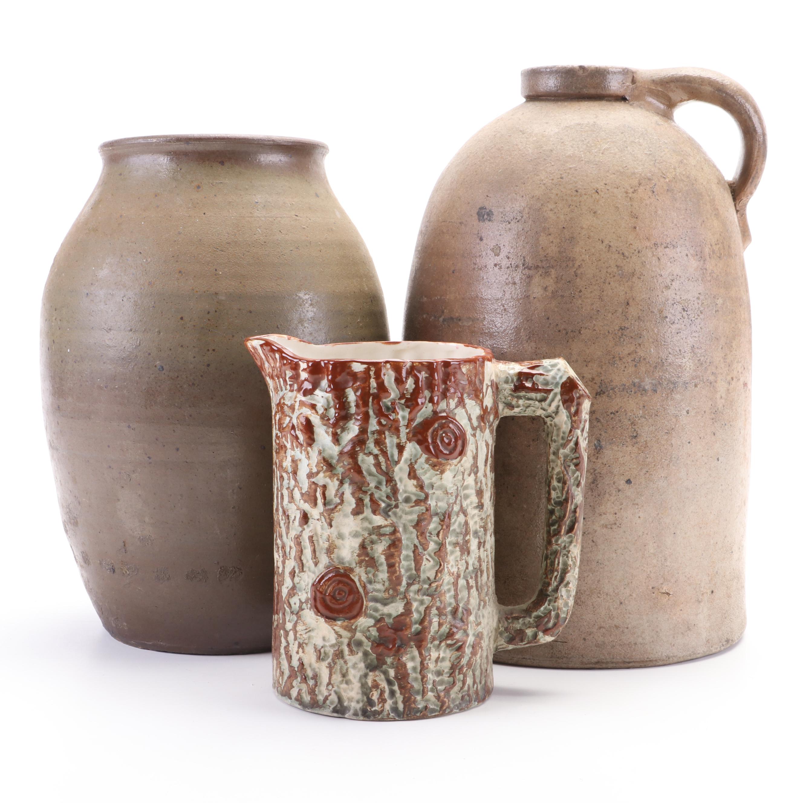 Victorian Ceramic Molded Tree Trunk Milk Pitcher and Other Salt Glazed Stoneware